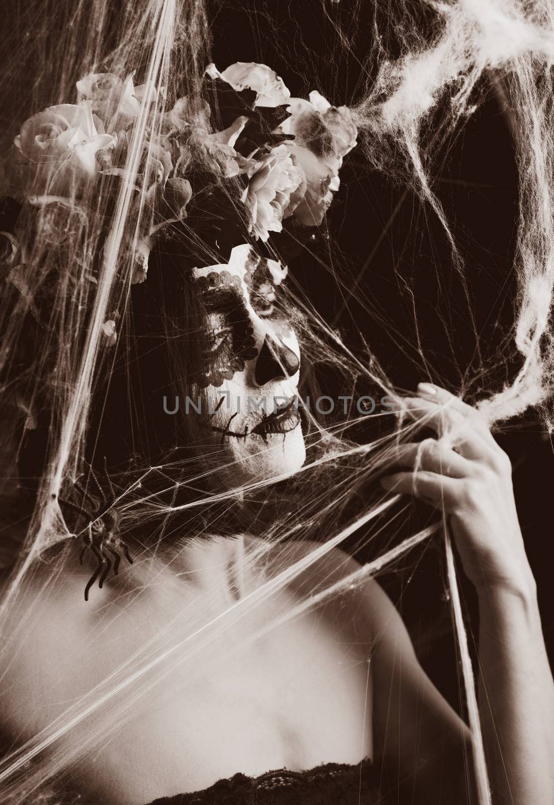 beautiful girl with traditional mexican death mask. Calavera Catrina. Sugar skull makeup. girl dressed in a wreath of roses on a background of white web