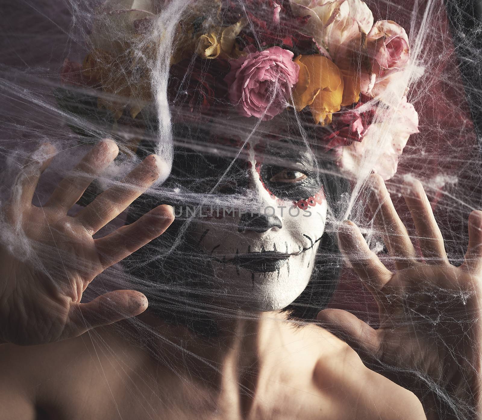 girl with black hair is dressed in a wreath of multi-colored roses and makeup is made on her face Sugar skull to the day of the Dead. Woman looking at the camera through a white web with spiders