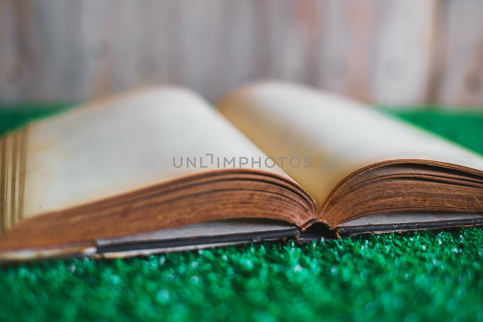 Old opened book on the plastic artificial green grass