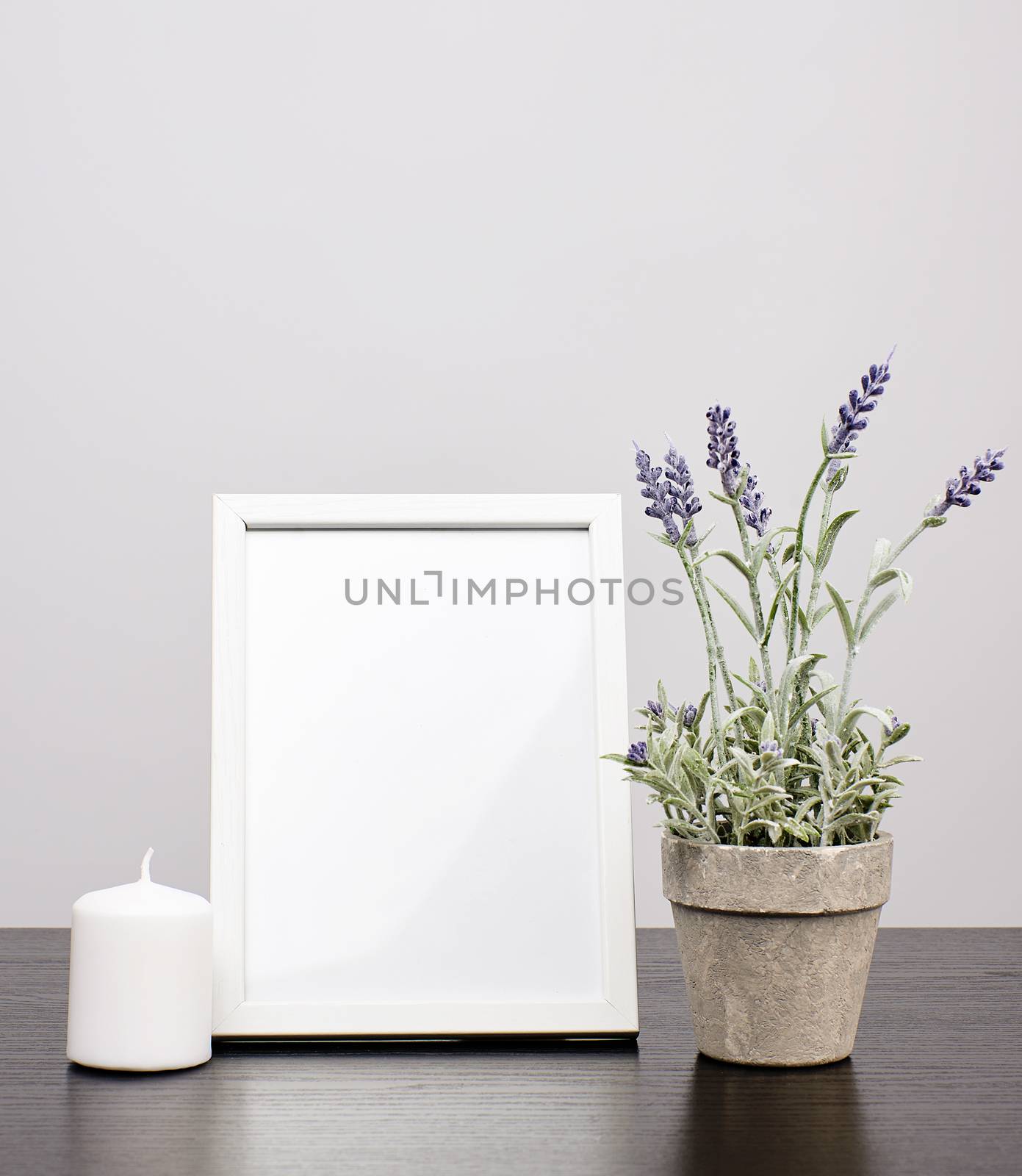 empty white frame, flowerpot with flower and candle on a black table, white background