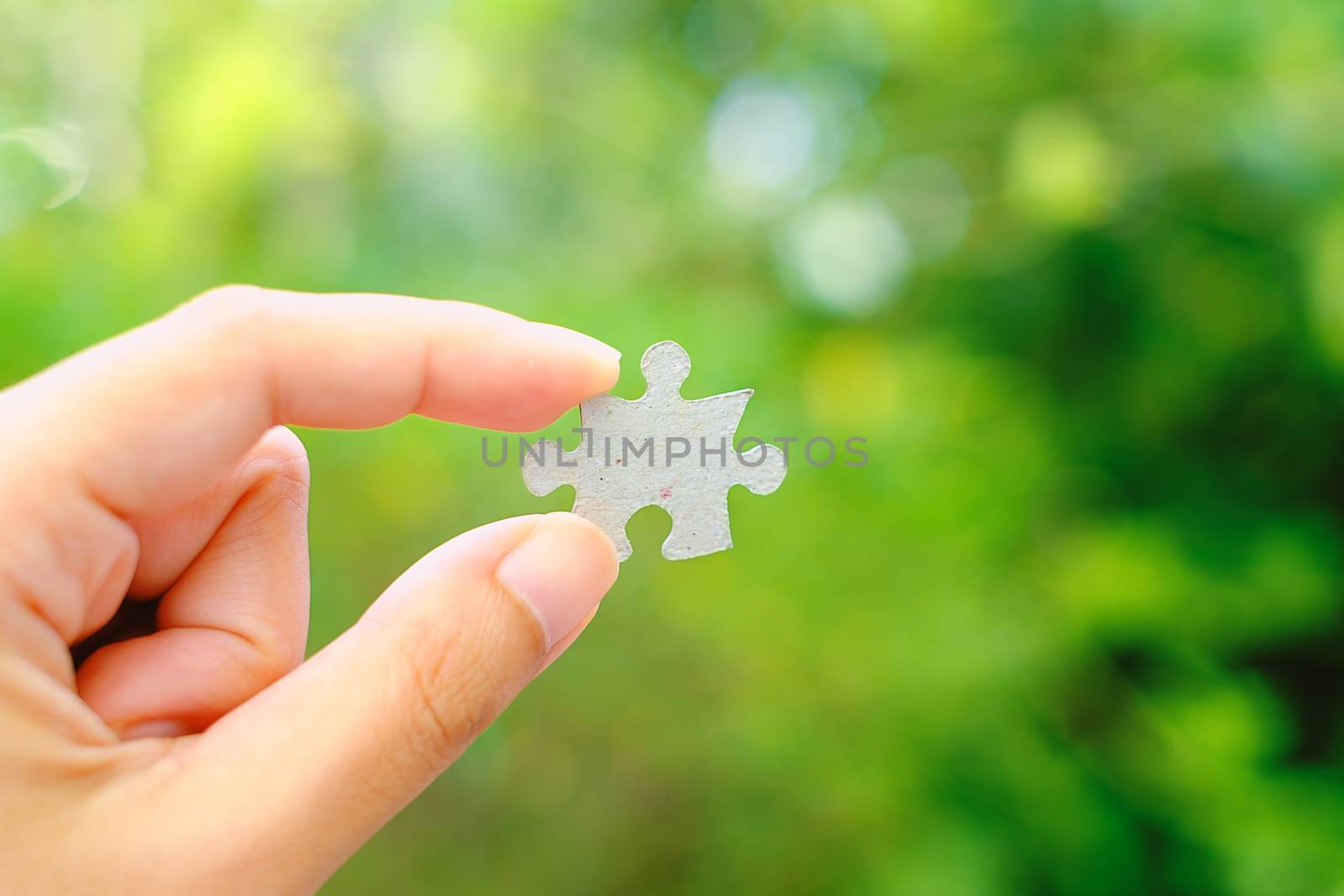 Hand holding Jigsaw with blurred green natural background