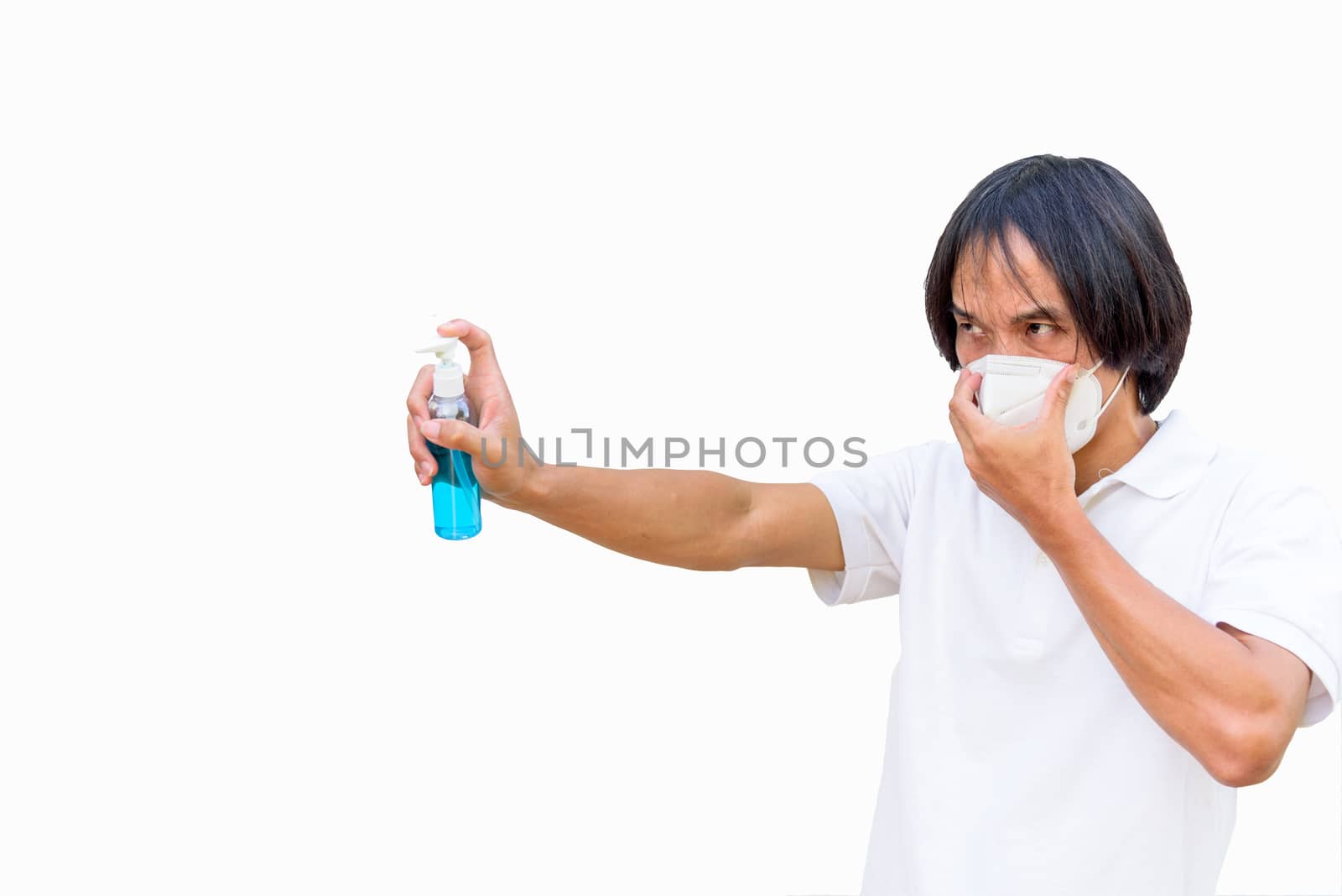 A asian man wear mask and spray the alcohol gel for cleaning disease with work path process by rukawajung