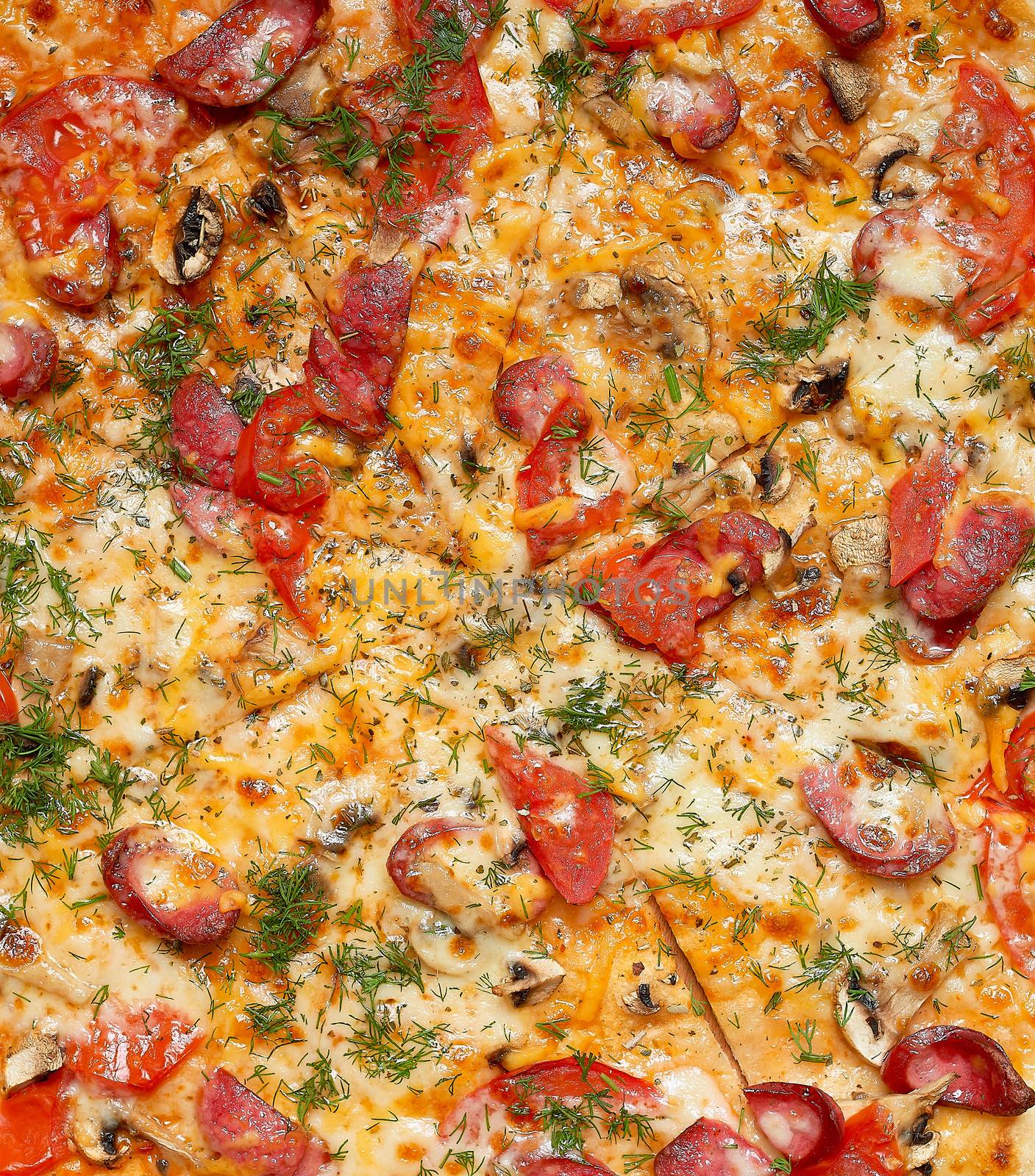 baked round pizza with smoked sausages, mushrooms, tomatoes, cheese and dill, sliced food, full frame, close up