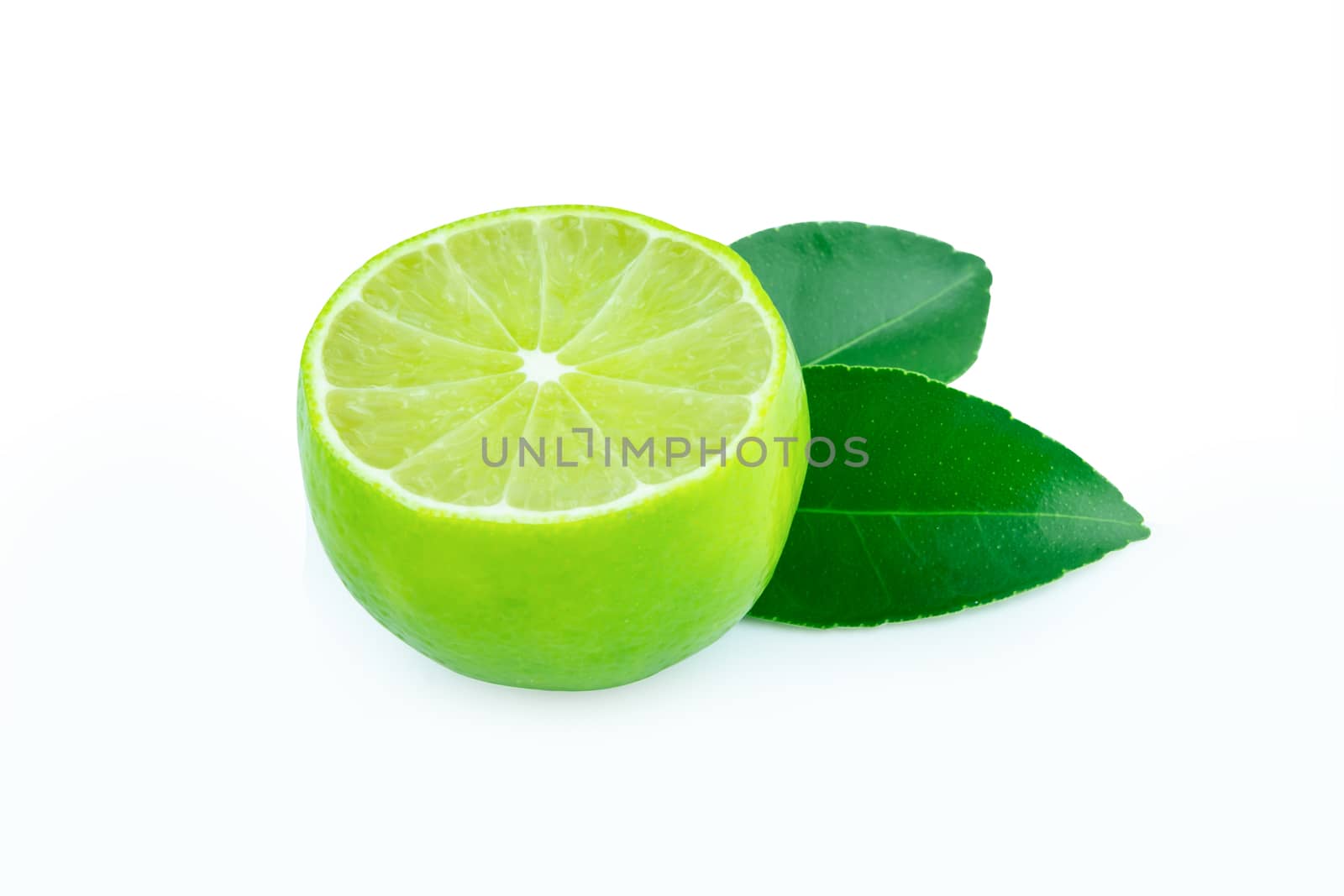Lime with slices half and leaves isolated on white background. Green citrus fruit. with clipping path