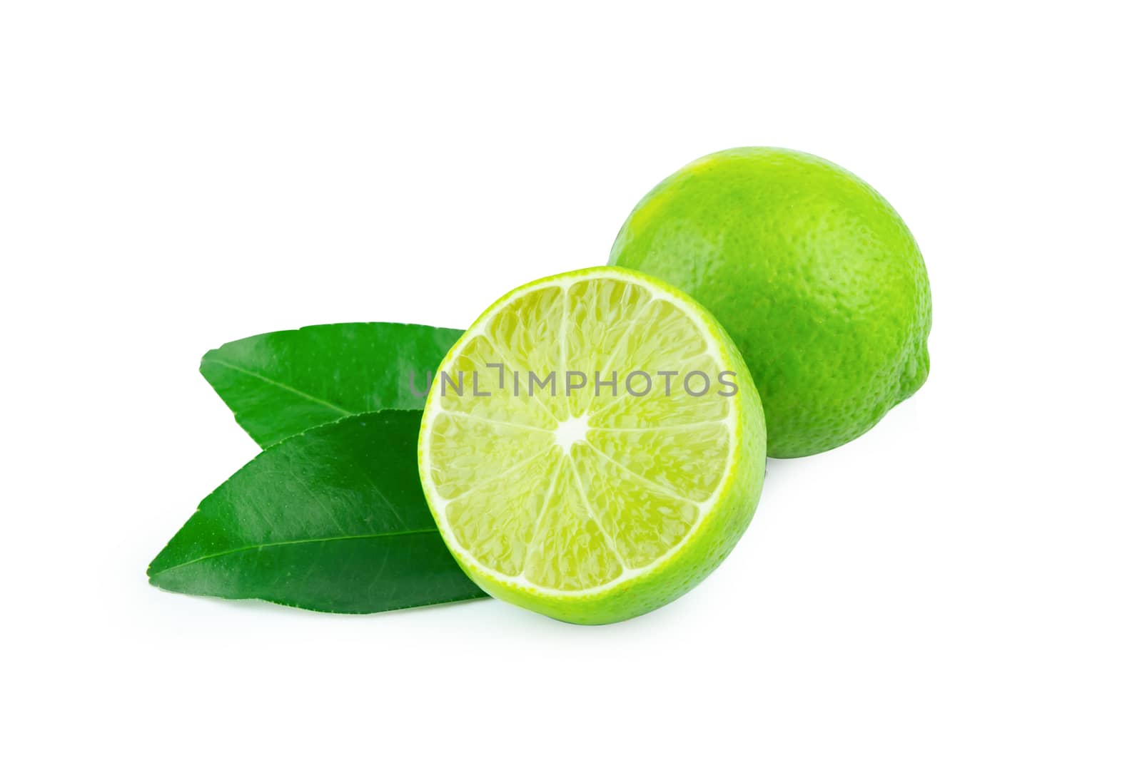 Lime with slices half and leaves isolated on white background. Green citrus fruit. with clipping path
