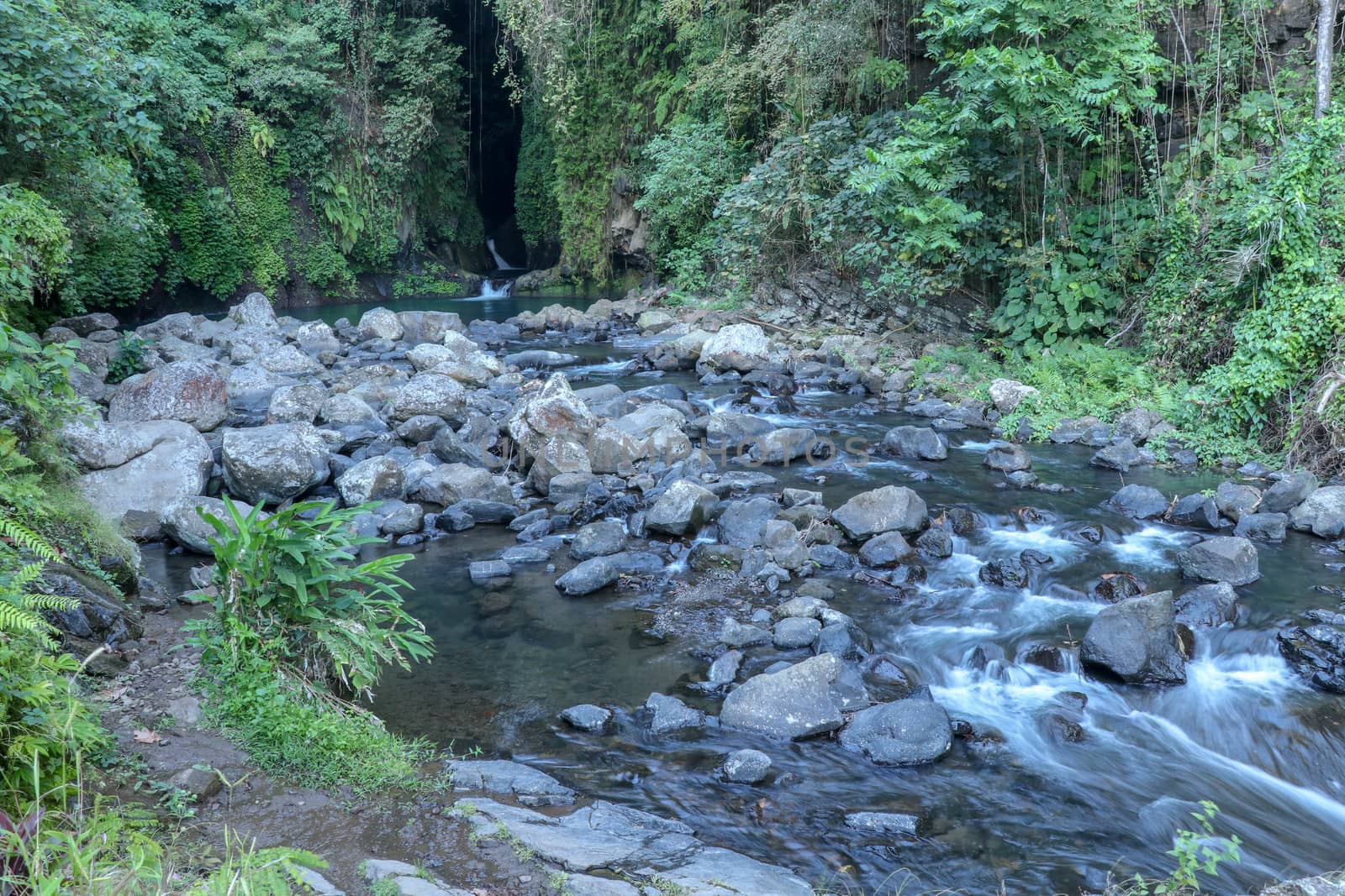 Mountain river bed with many boulders rising above the surface. Wild tropical jungle lining a river bed. Natural place. by Sanatana2008