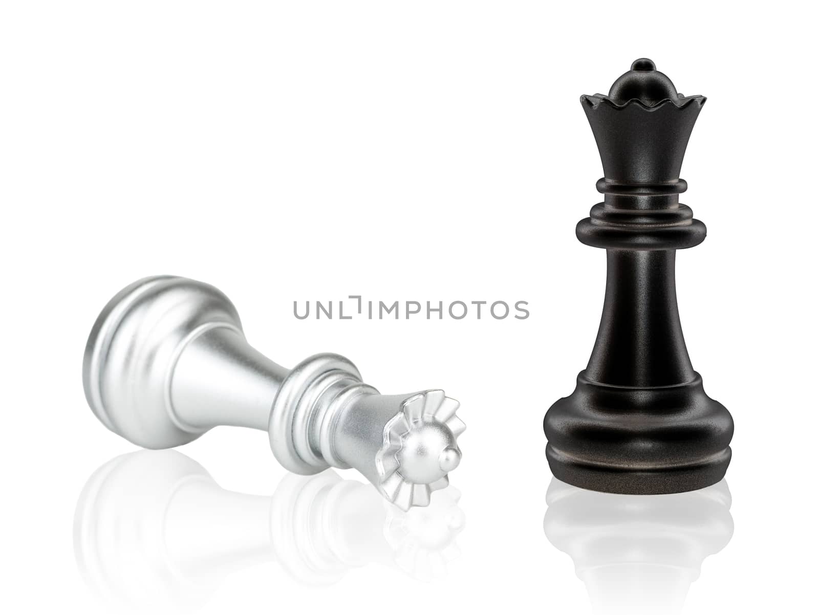 The Queen Chess pieces battle, black and silver isolated on white background