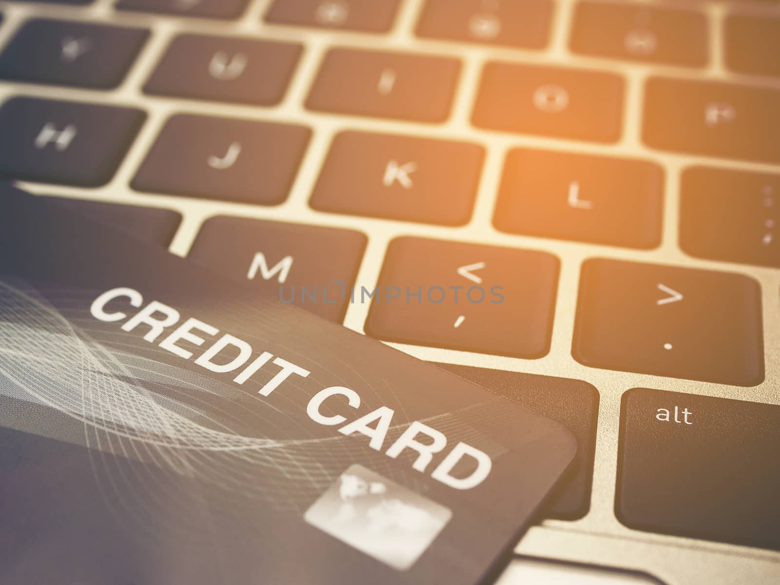Credit card close up with keyboard, Shopping online concept.
