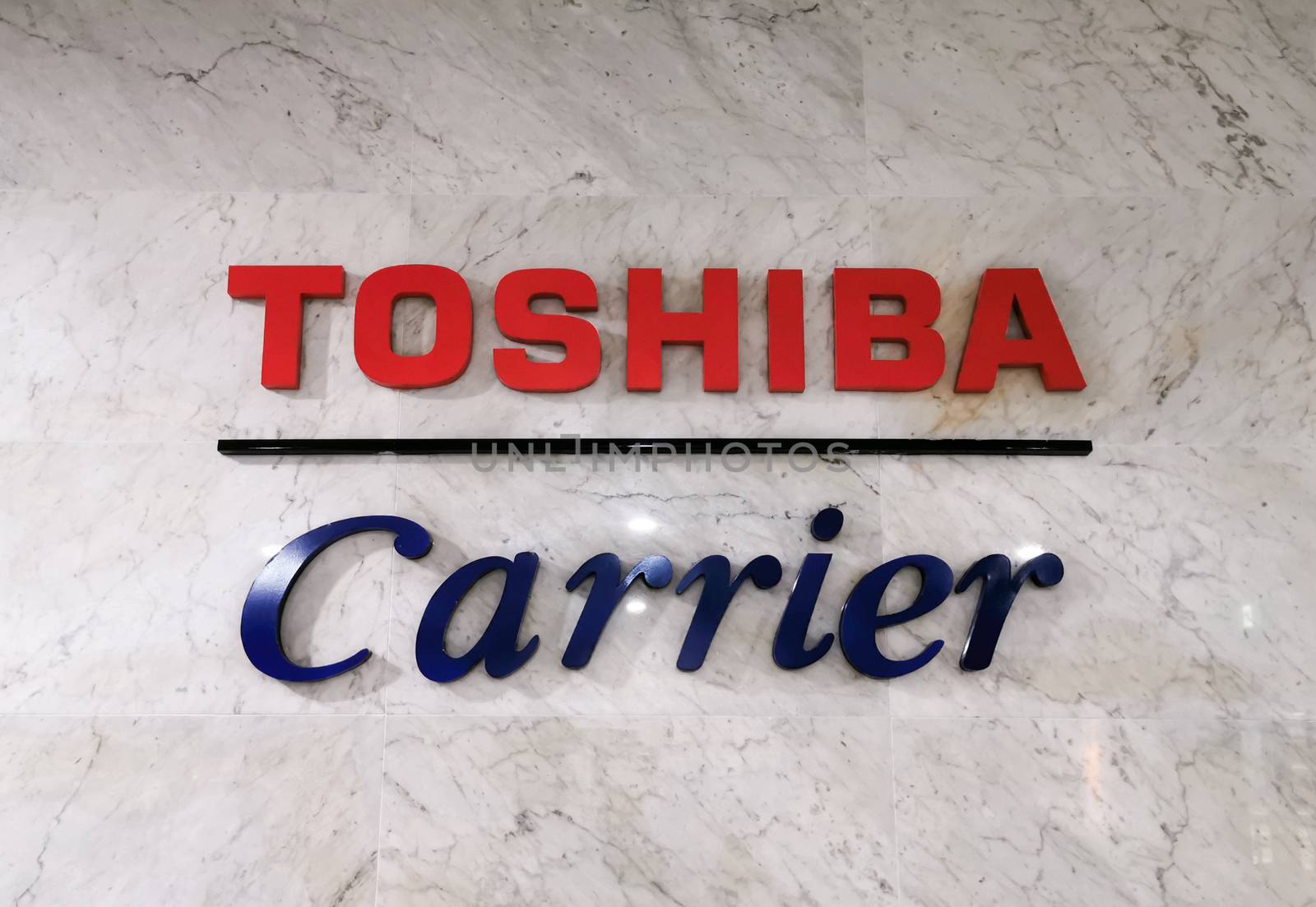 Pathumthani THAILAND, 25 April 2020, Toshiba Carrier sign in front of air-conditioner factory.