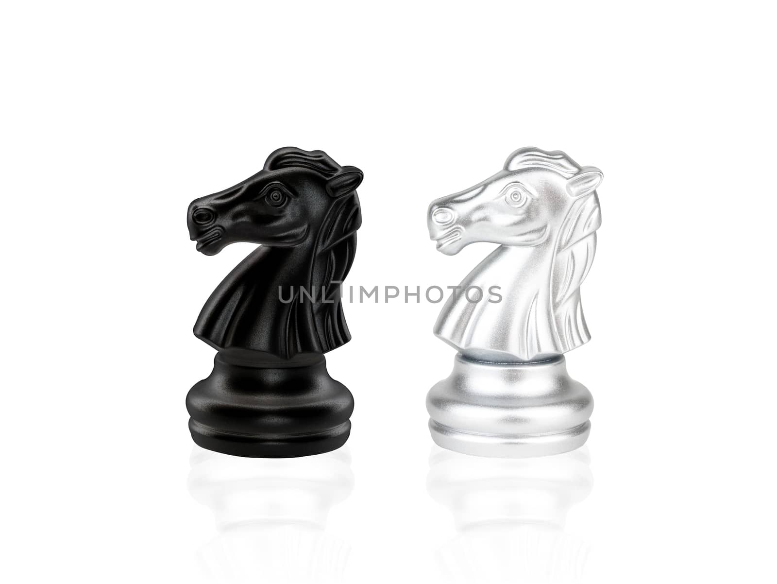 The Knight Chess pieces battle, black and silver isolated on white background