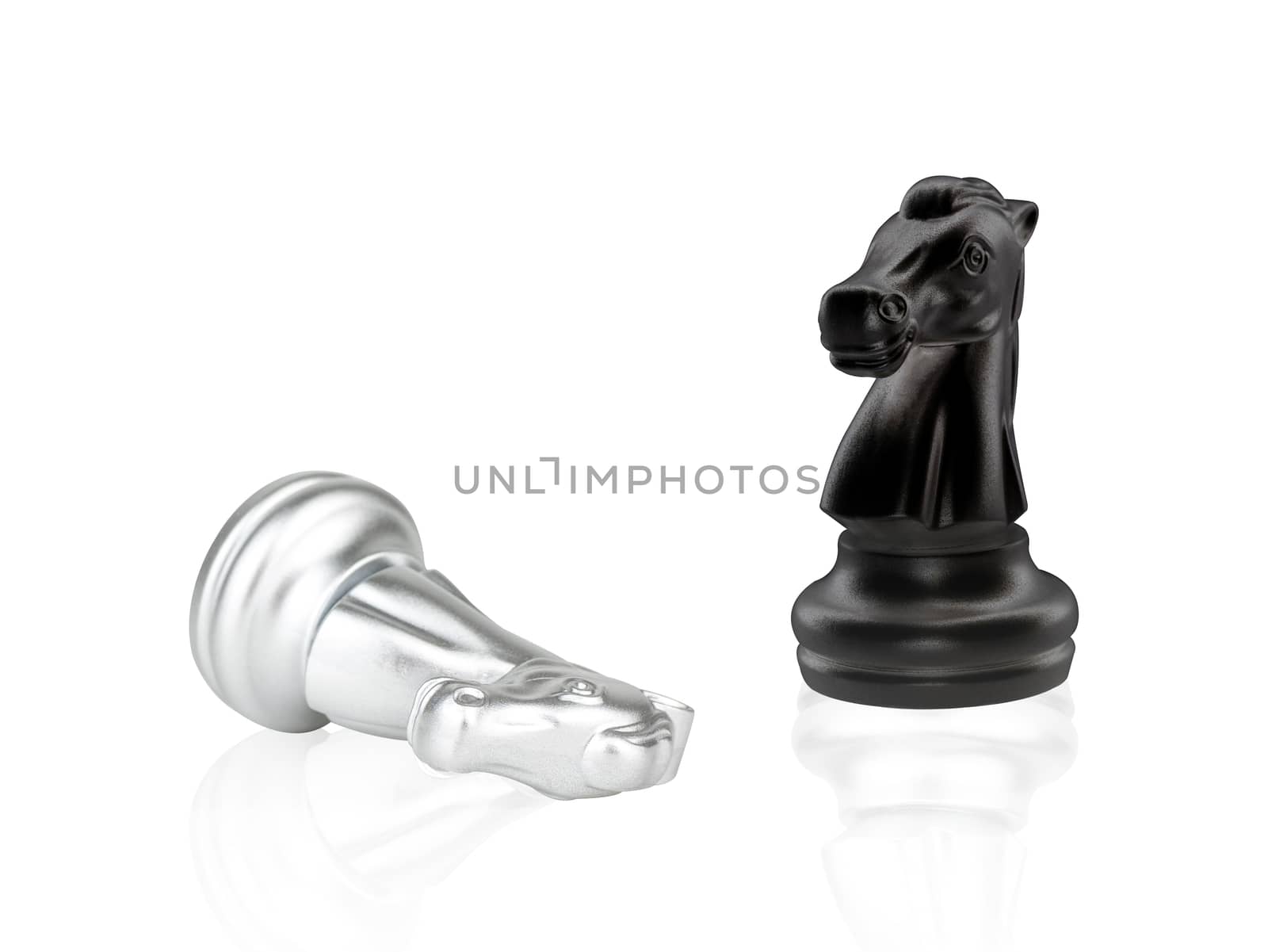 The Knight Chess pieces battle, black and silver isolated on white background