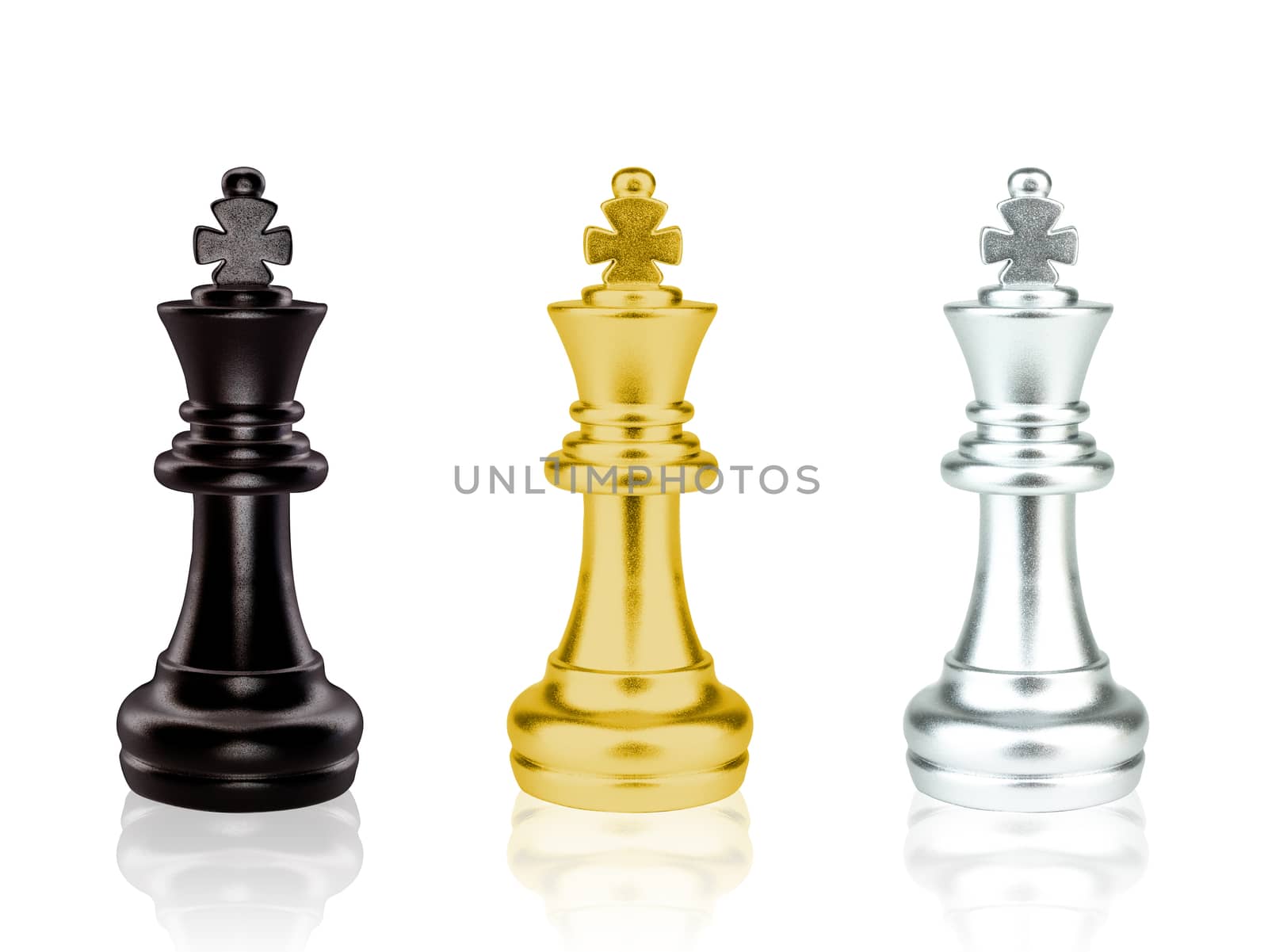 The black, gold and silver King Chess pieces battle isolated on white background