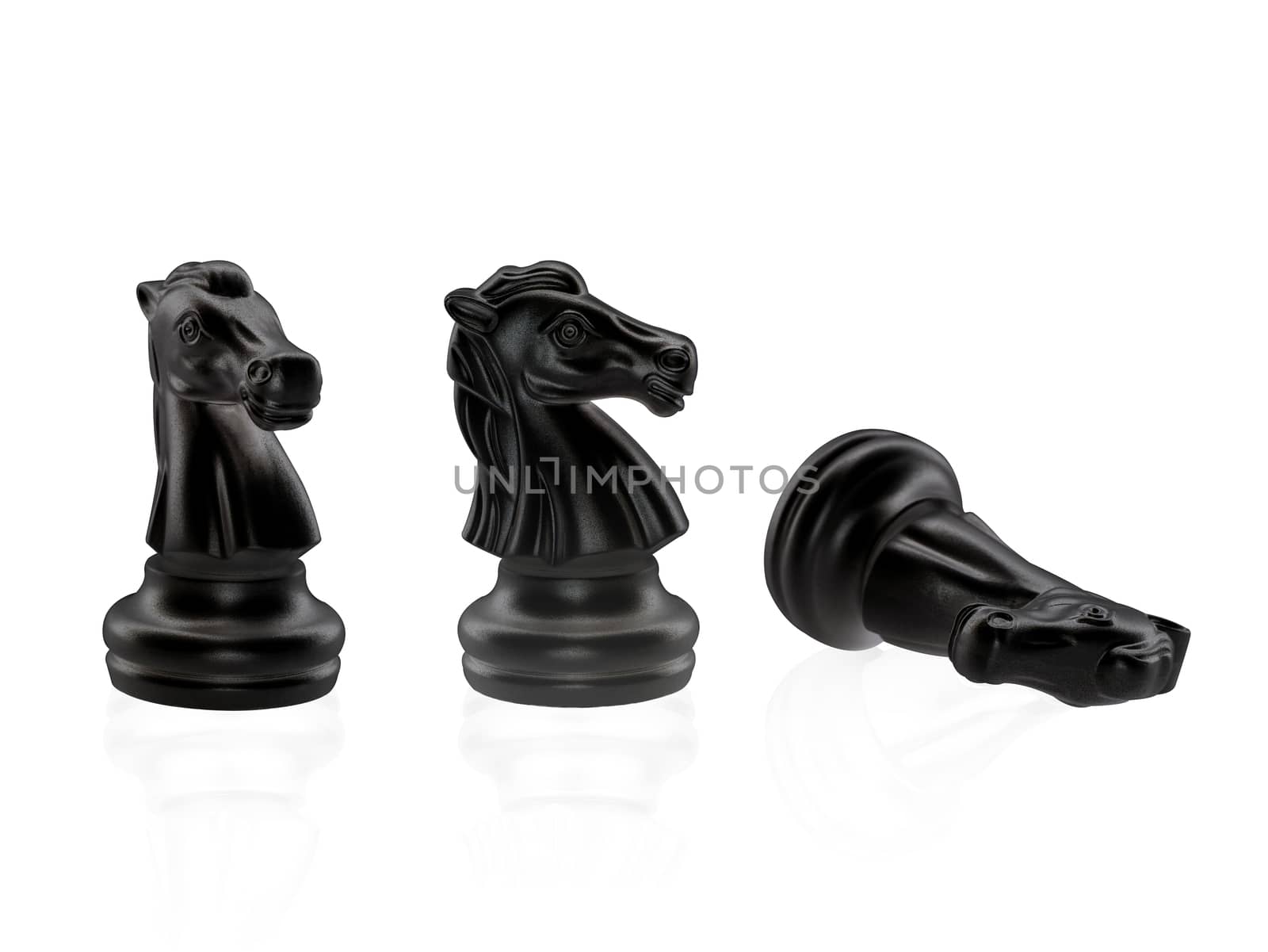 The set black Knight Chess pieces battle isolated on white background