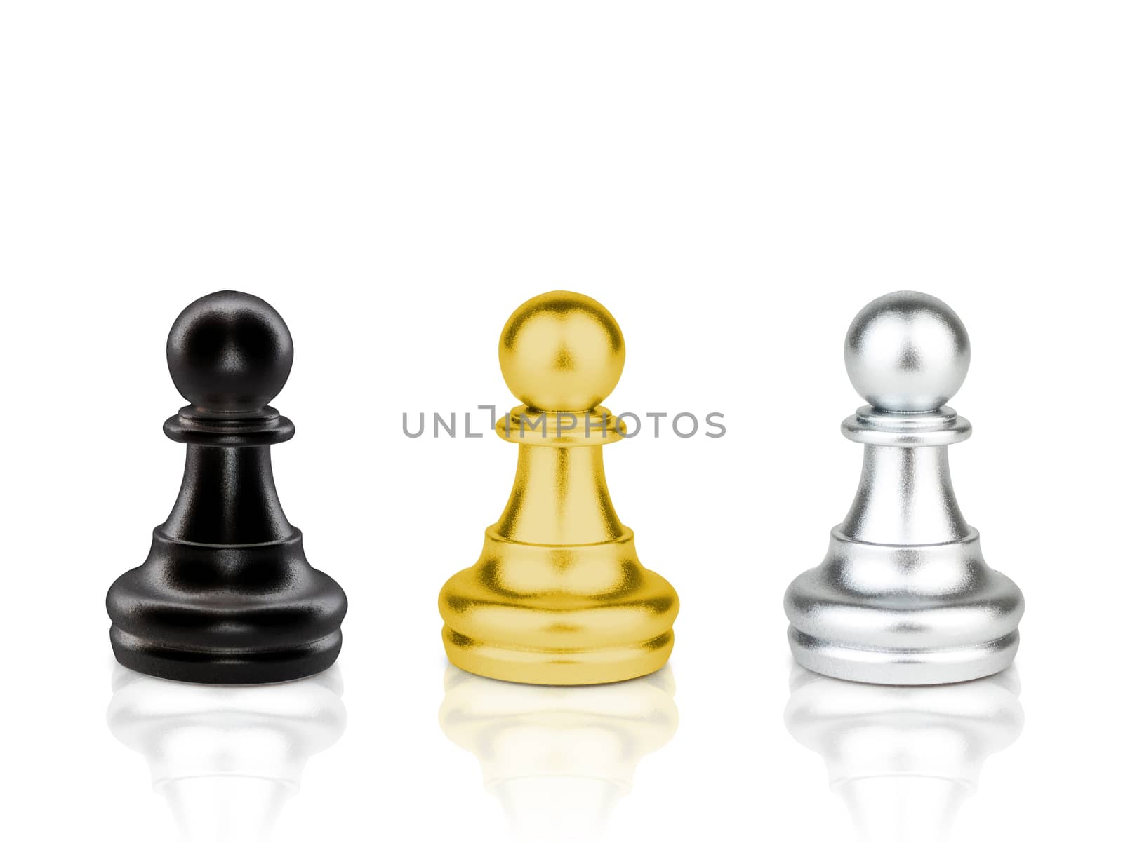 The black, gold and silver Pawn Chess pieces battle isolated on white background