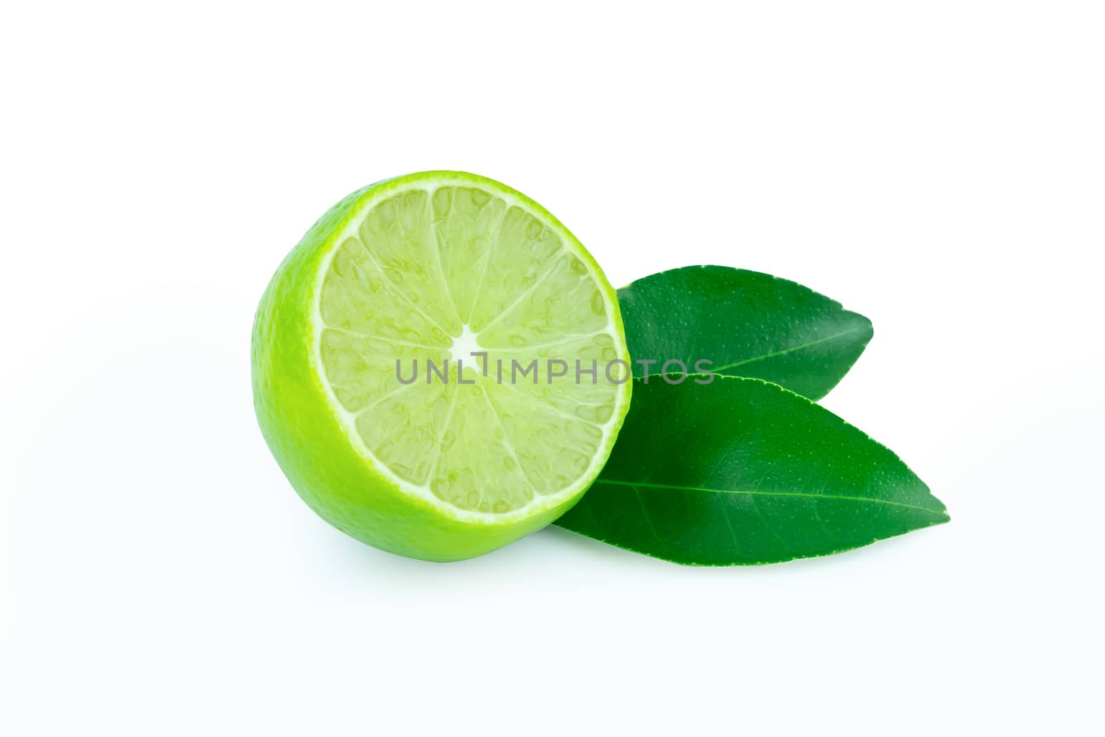 Lime with slices half and leaves isolated on white background. Green citrus fruit. with clipping path