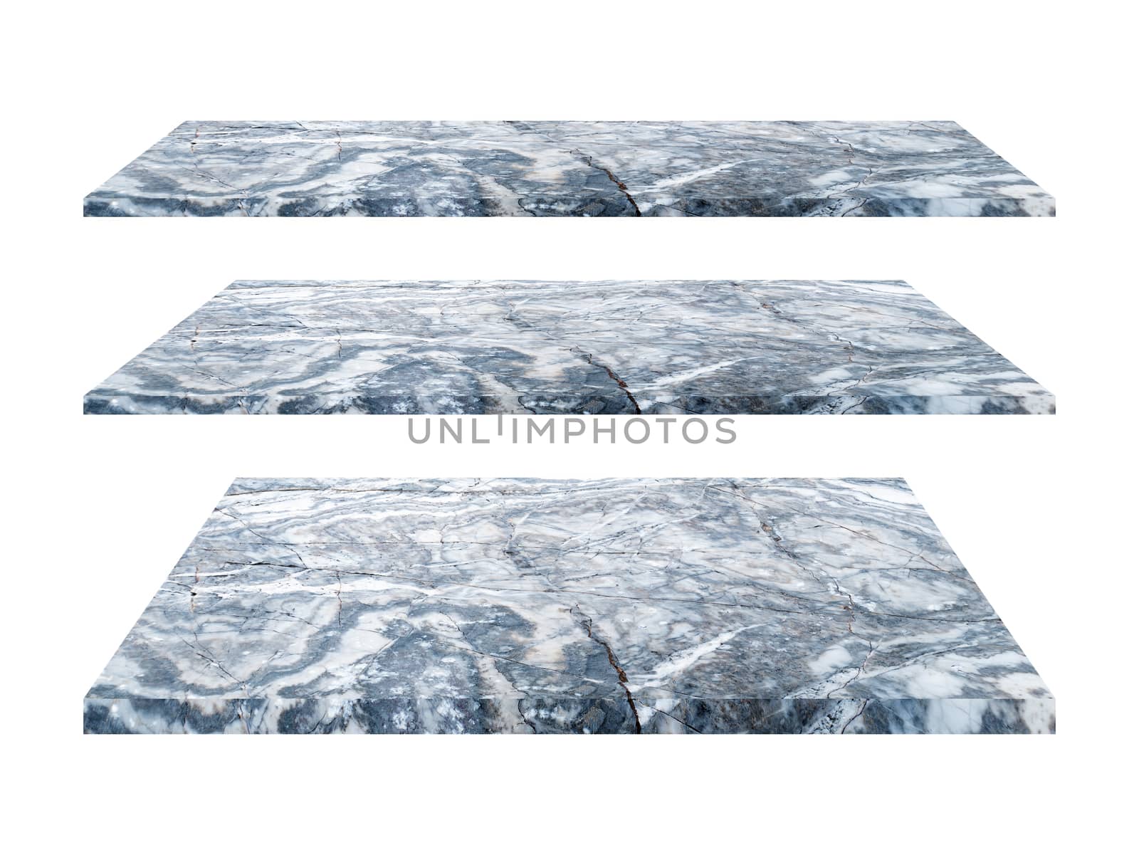 Empty gray marble stone shelf isolated on white background with Clipping path.