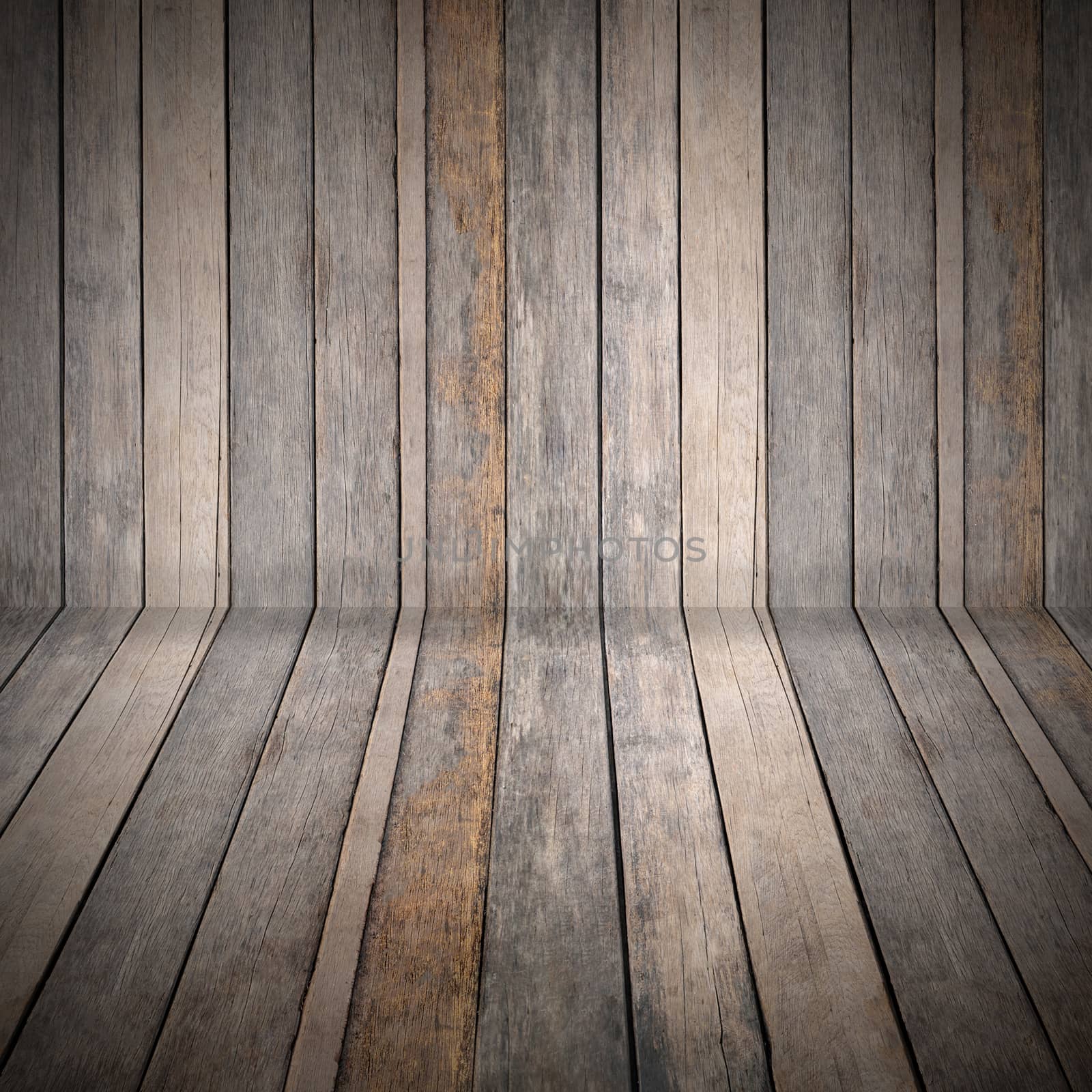 Empty vintage wooden shelf and wall isolated on white background.