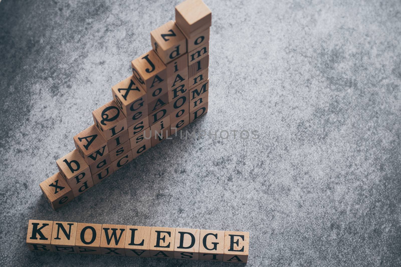 Cube letter of wording of knowledge, educated, passion, wisdom, learn, goal, aim, and do with copy space. Photo concept of business, idea and creativity, education, self learning and training.