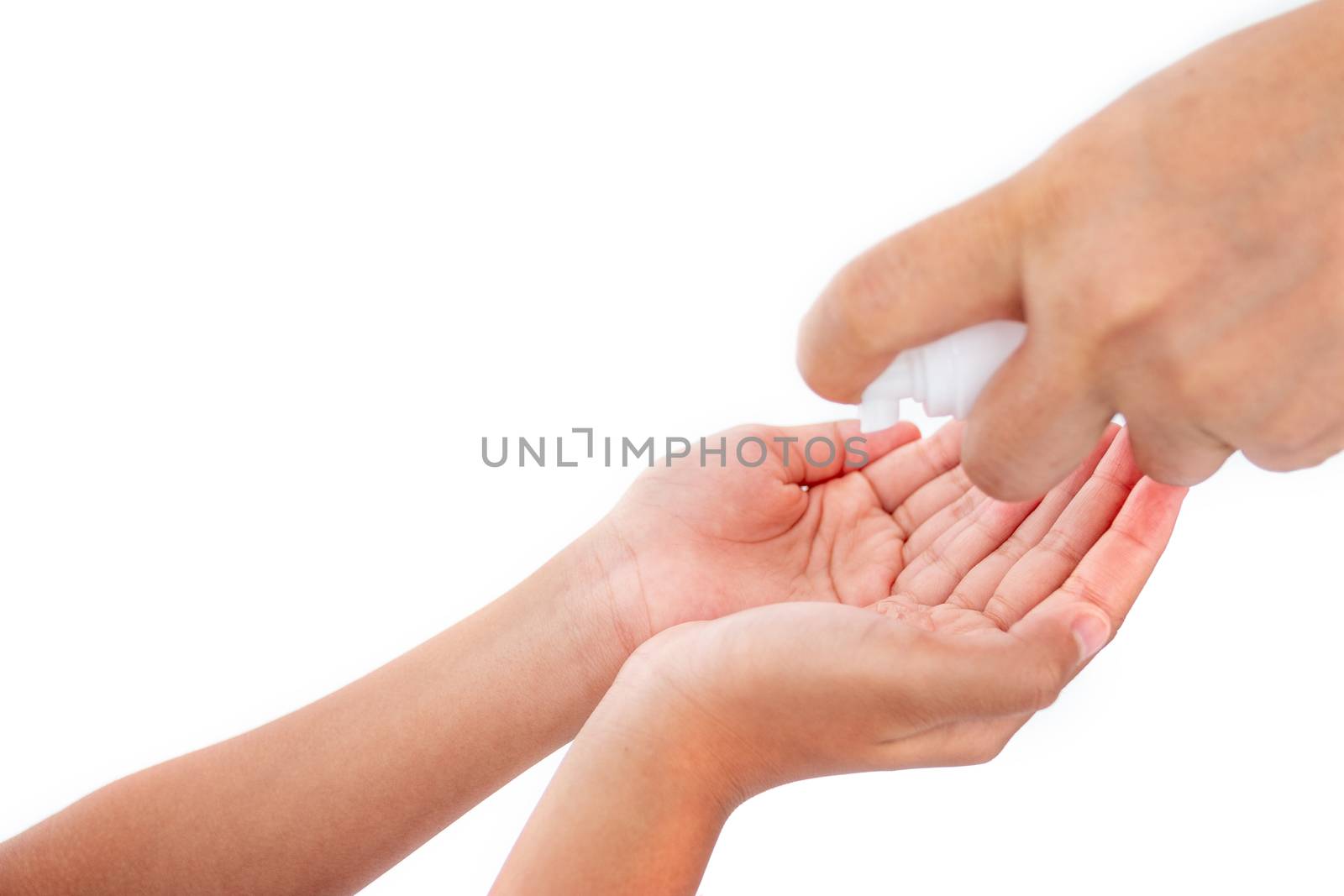 Mother teaches children to wash their hands with alcohol gel isolated on white background.