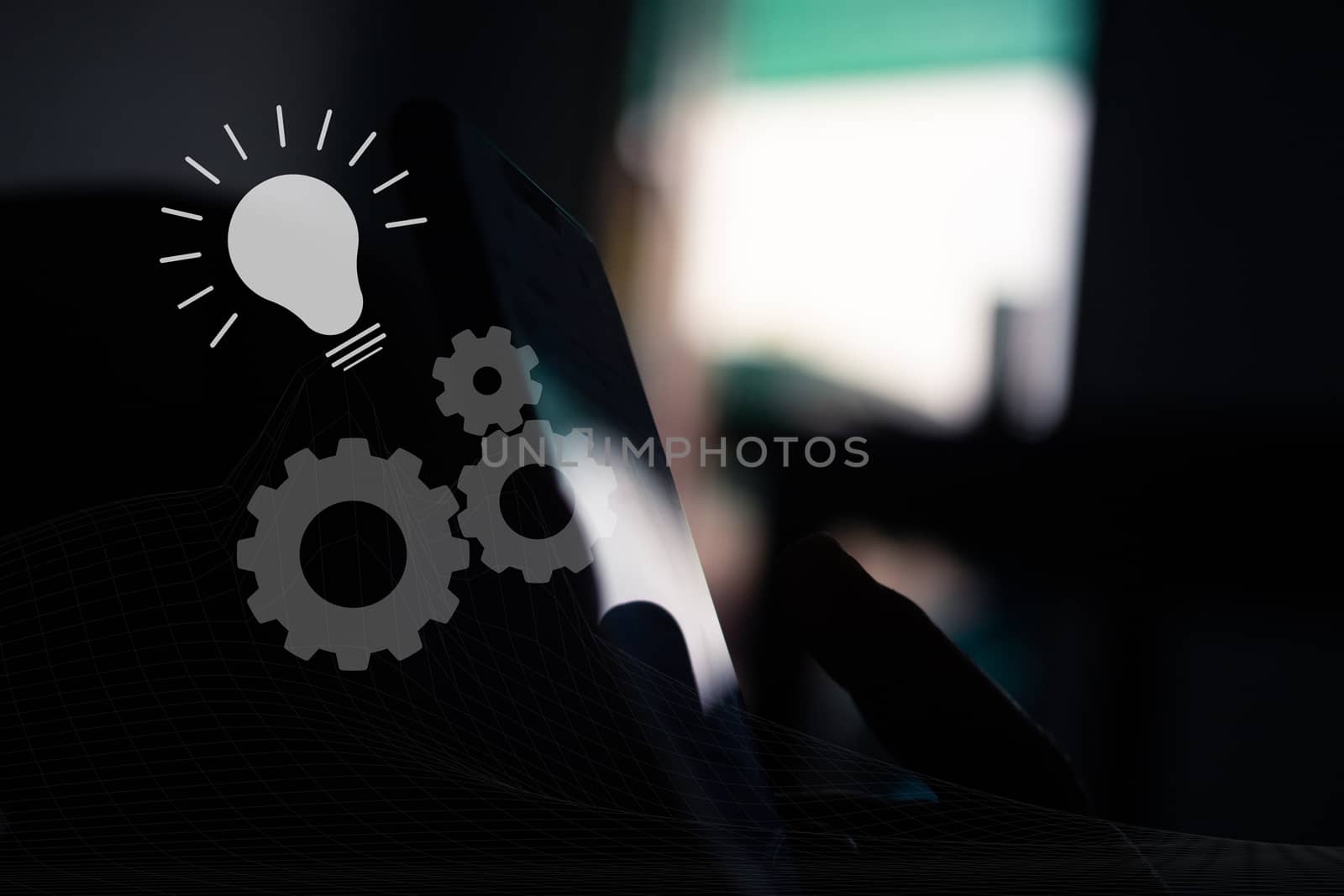 Interlocking cogs lead to good ideas, virtual dashboard diagrams on the smartphone background.
