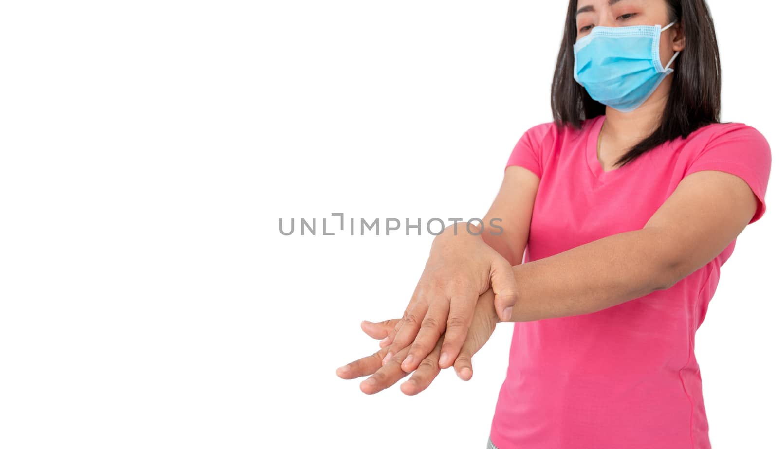 During the coronavirus (COVID-19) epidemic, A woman washing her hands with alcohol gel isolated on white background