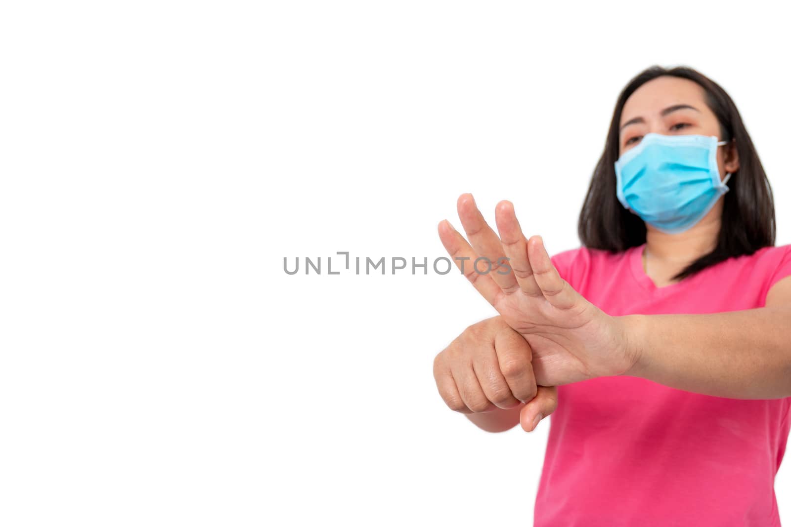 During the coronavirus (COVID-19) epidemic, A woman washing her hands with alcohol gel isolated on white background