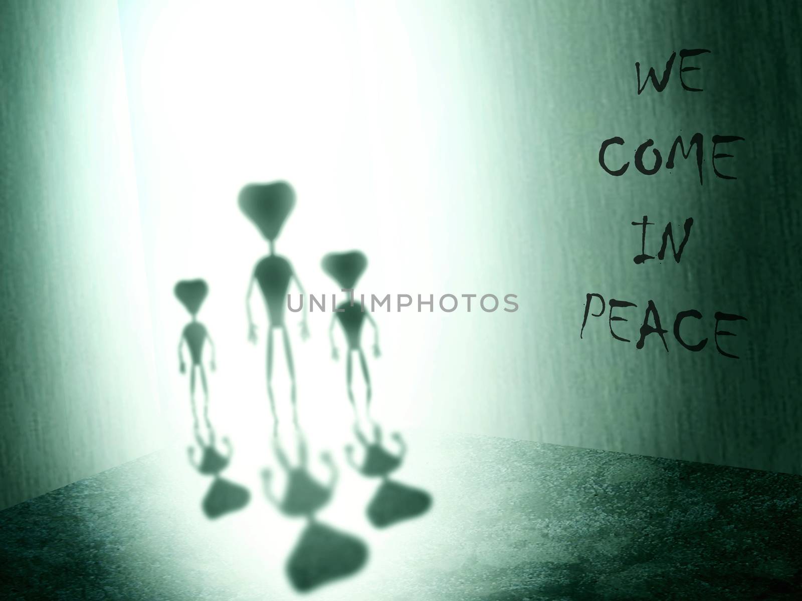 Illustration.The meeting of the third kind. Three aliens silhouettes with bright light in the background. Inscription: we come in peace on the wall.