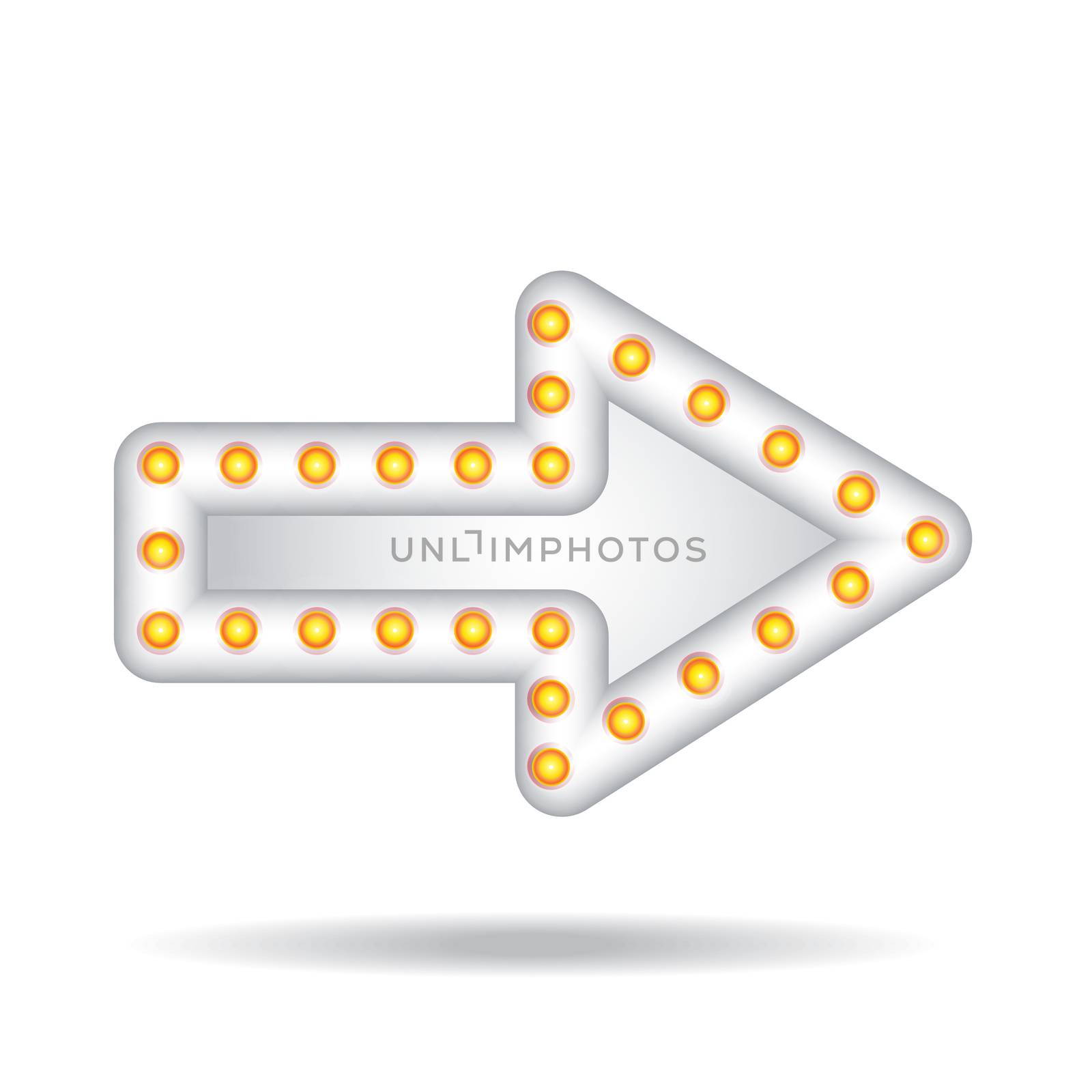 Electronic glowing neon arrow with lamps. Bar, party or holiday pointer. Vector