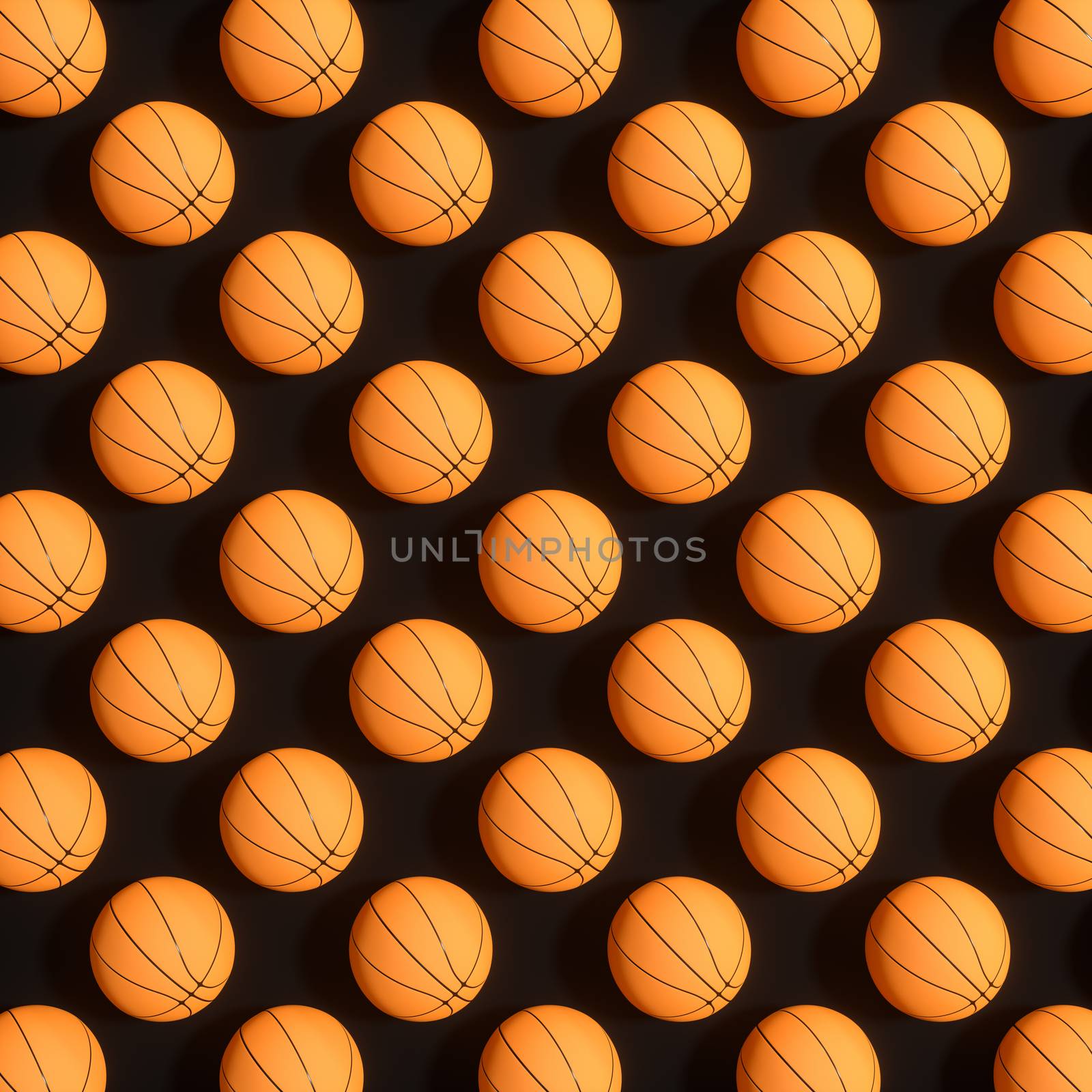 Repeating sports ball pattern with black background, 3d rendering. Computer digital drawing.