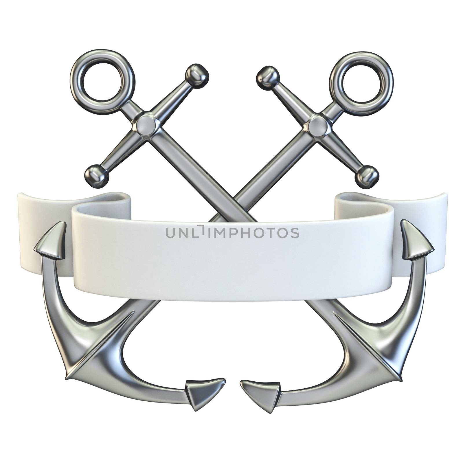 Two crossed anchors with white ribbon 3D render illustration isolated on white background