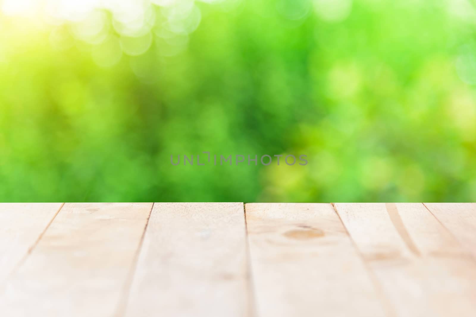 wood plate copy space with green bokeh foreground
