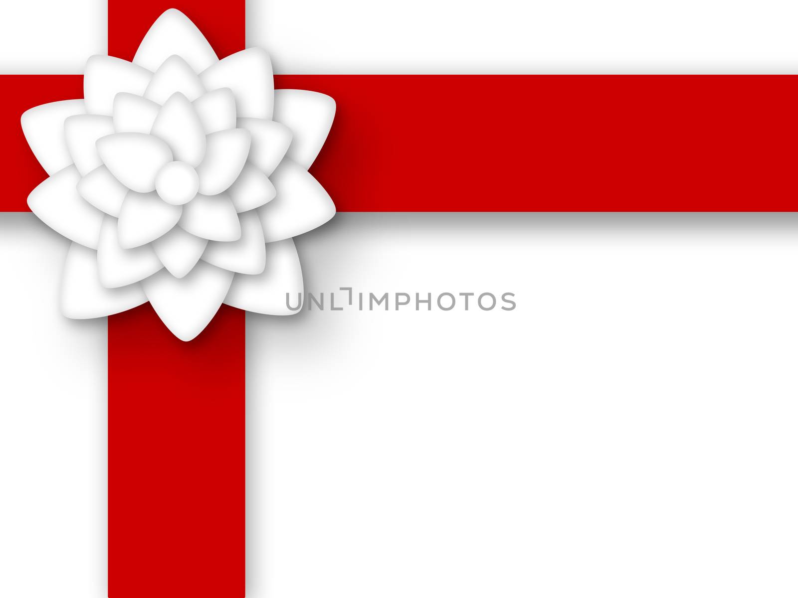 Illustration of paper 3d flowers with red ribbon. Gift package. Cut out paper effect.