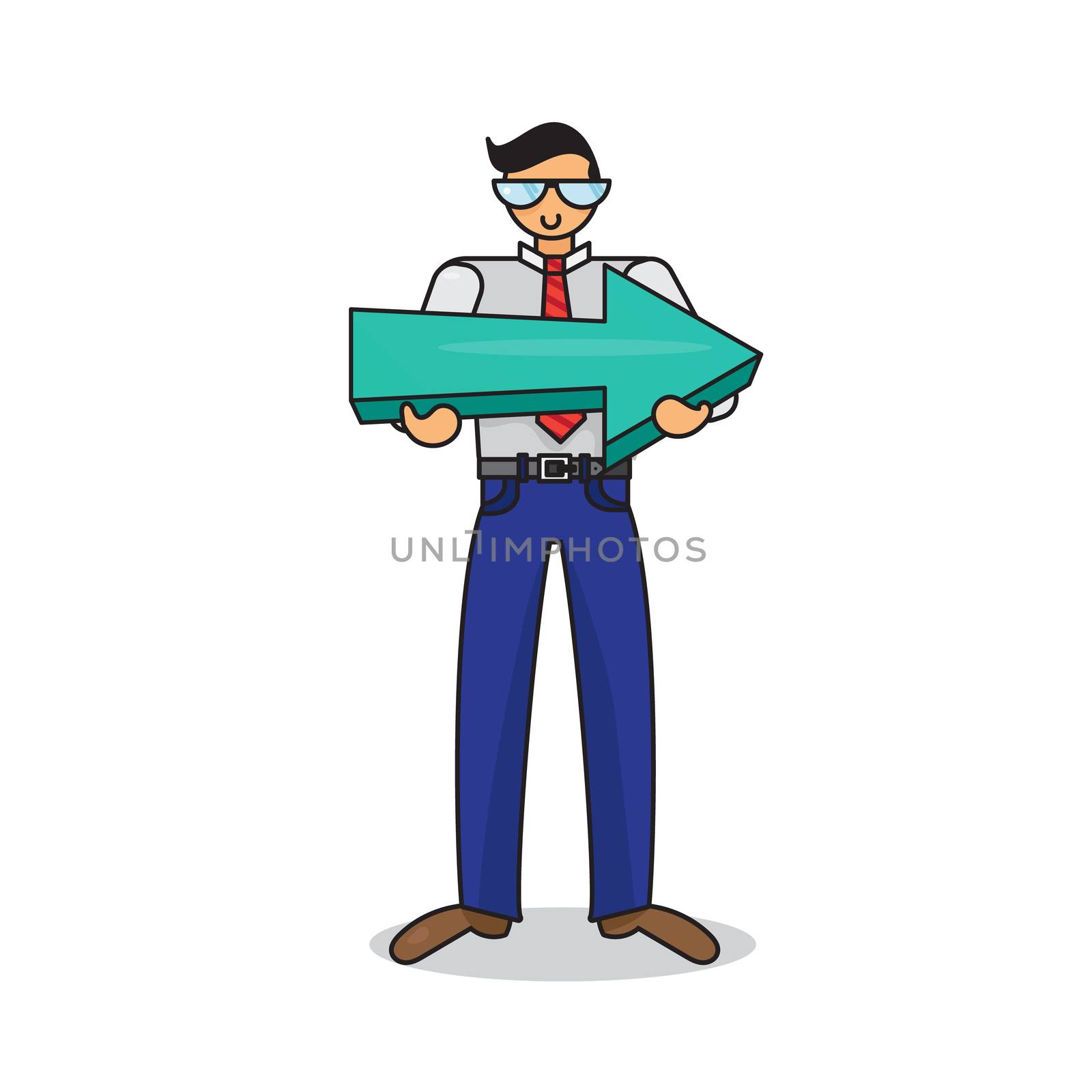 Employee or manager with big arrow in hands. Human with pointer. Vector