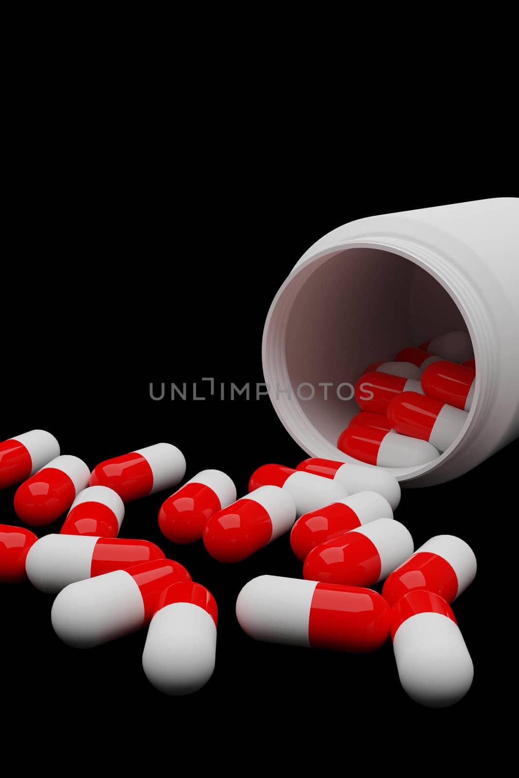 3d rendering Close up pills spilling out of pill bottle