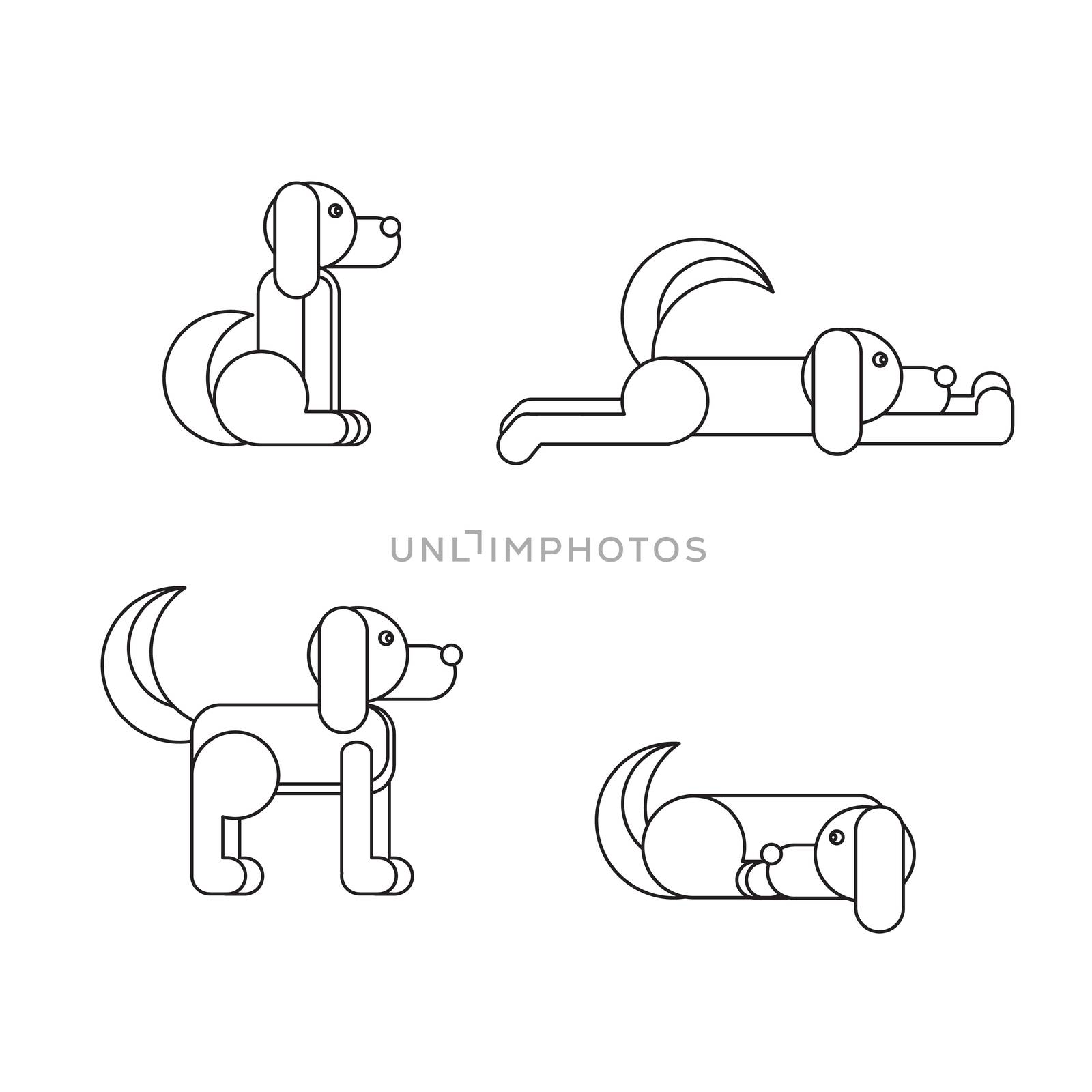Dog in sitting, standing, sleeping and lying positions. Vet symbol. Delivery icon. Vector