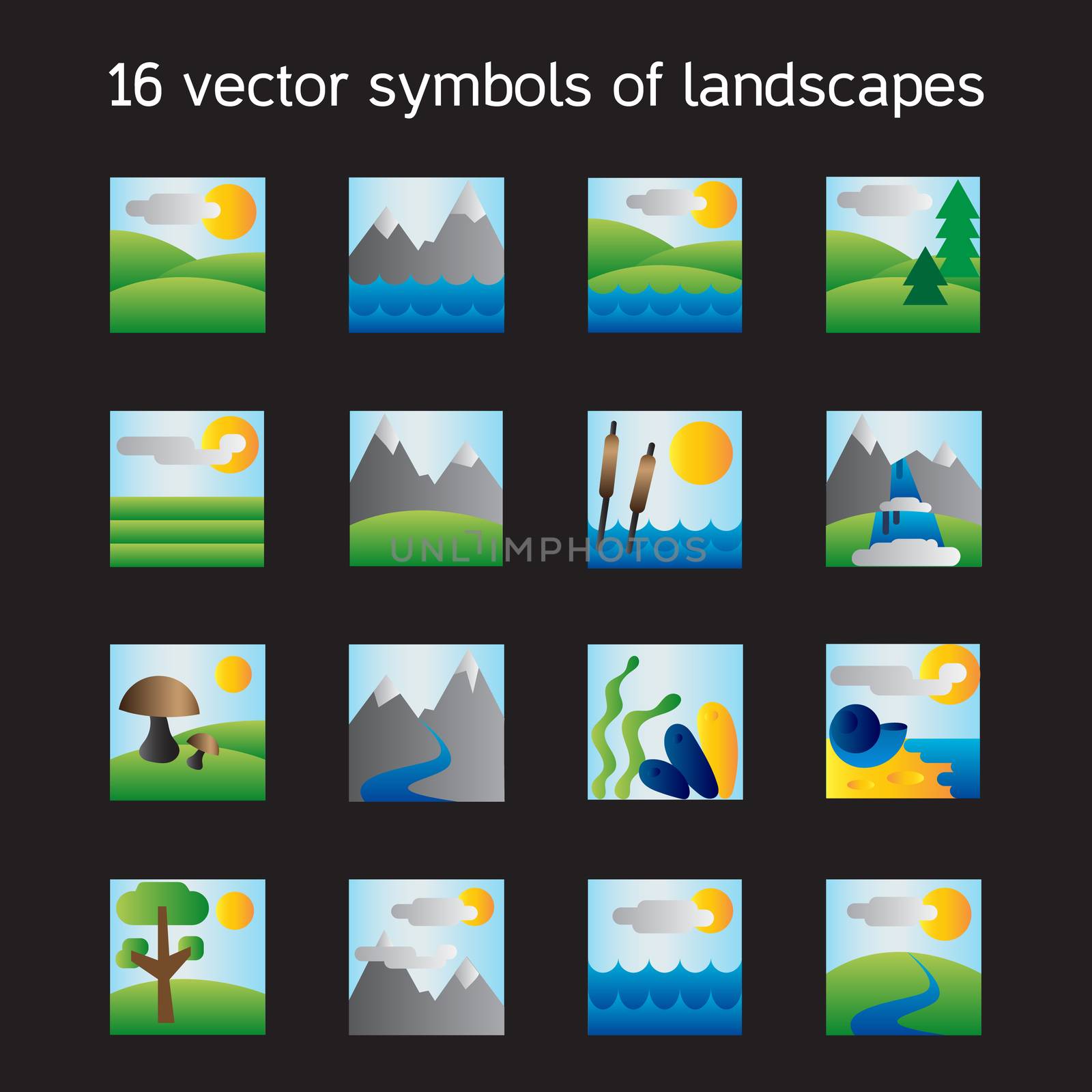 Landscape icons collection. Nature symbols and paysages in rectangle form. Vector
