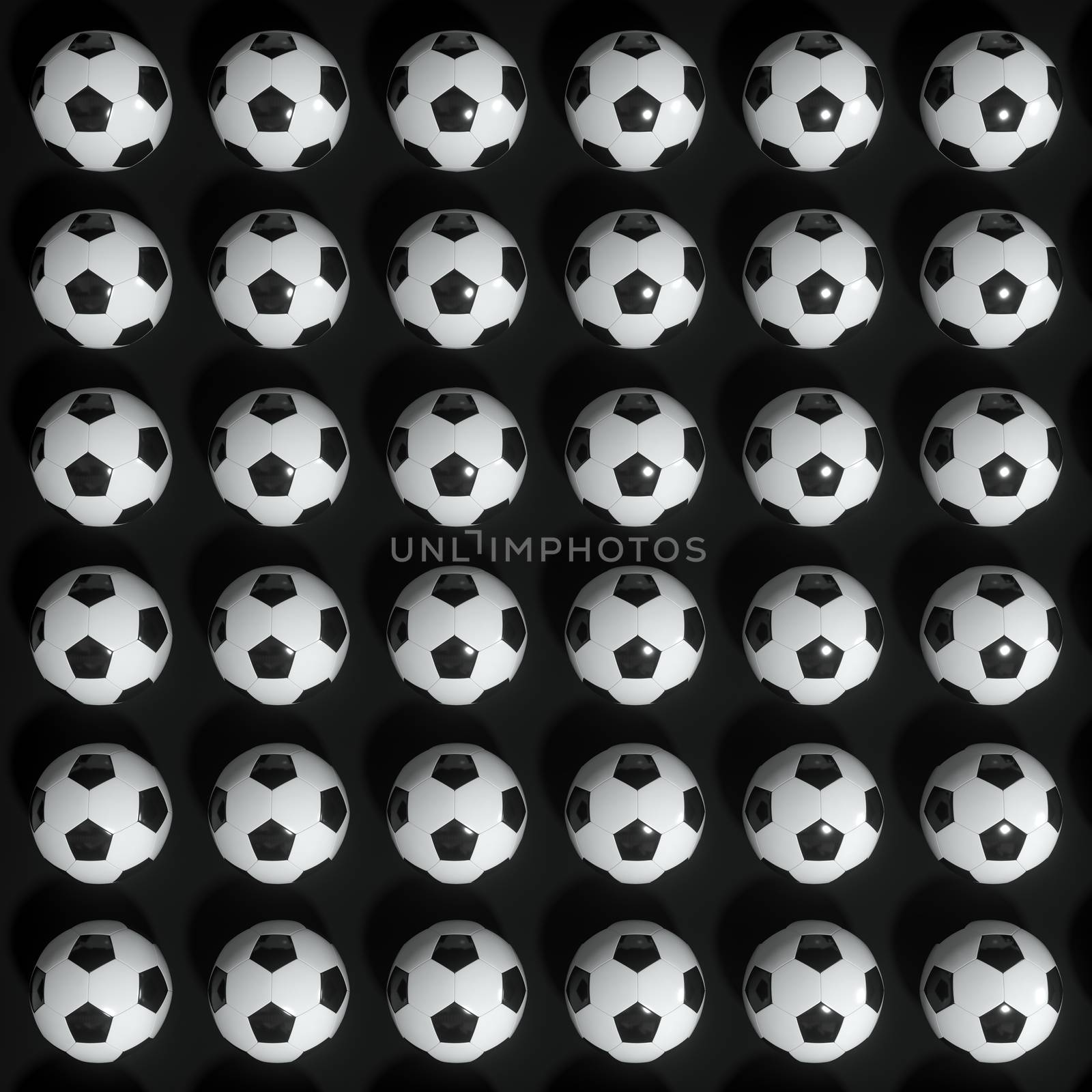 Repeating sports ball pattern with black background, 3d rendering. Computer digital drawing.