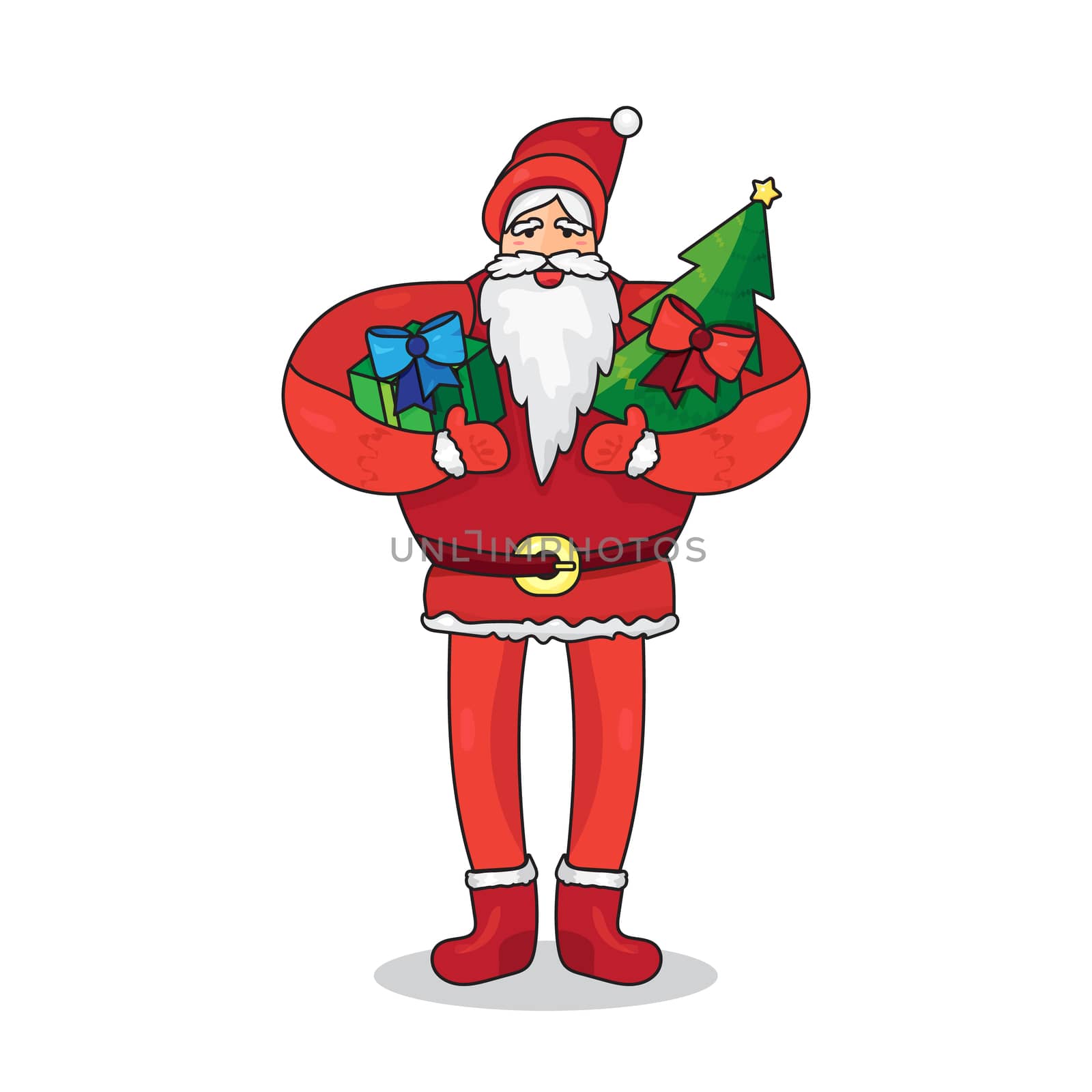Merry Christmas greeting with Santa Claus or Father Frost with gift and fir in hands. Vector