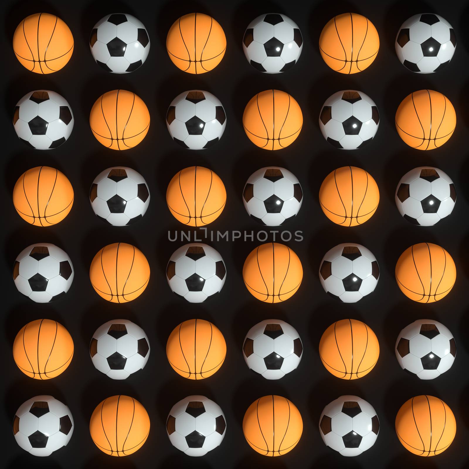 Repeating sports ball pattern with black background, 3d rendering. Computer digital drawing.