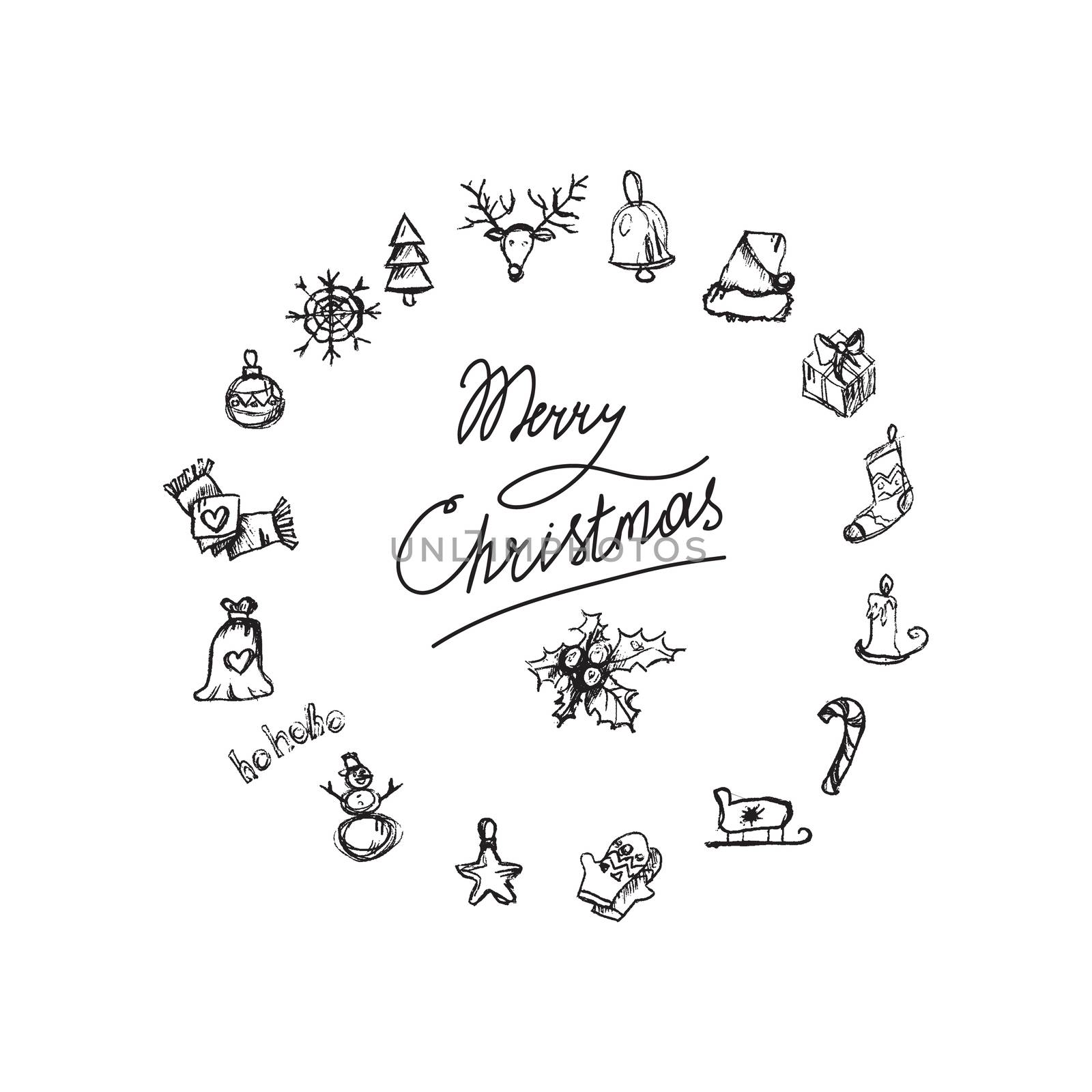 Merry Christmas icons in view wreath. Happy new year symbols. Winter holiday signs. Vector