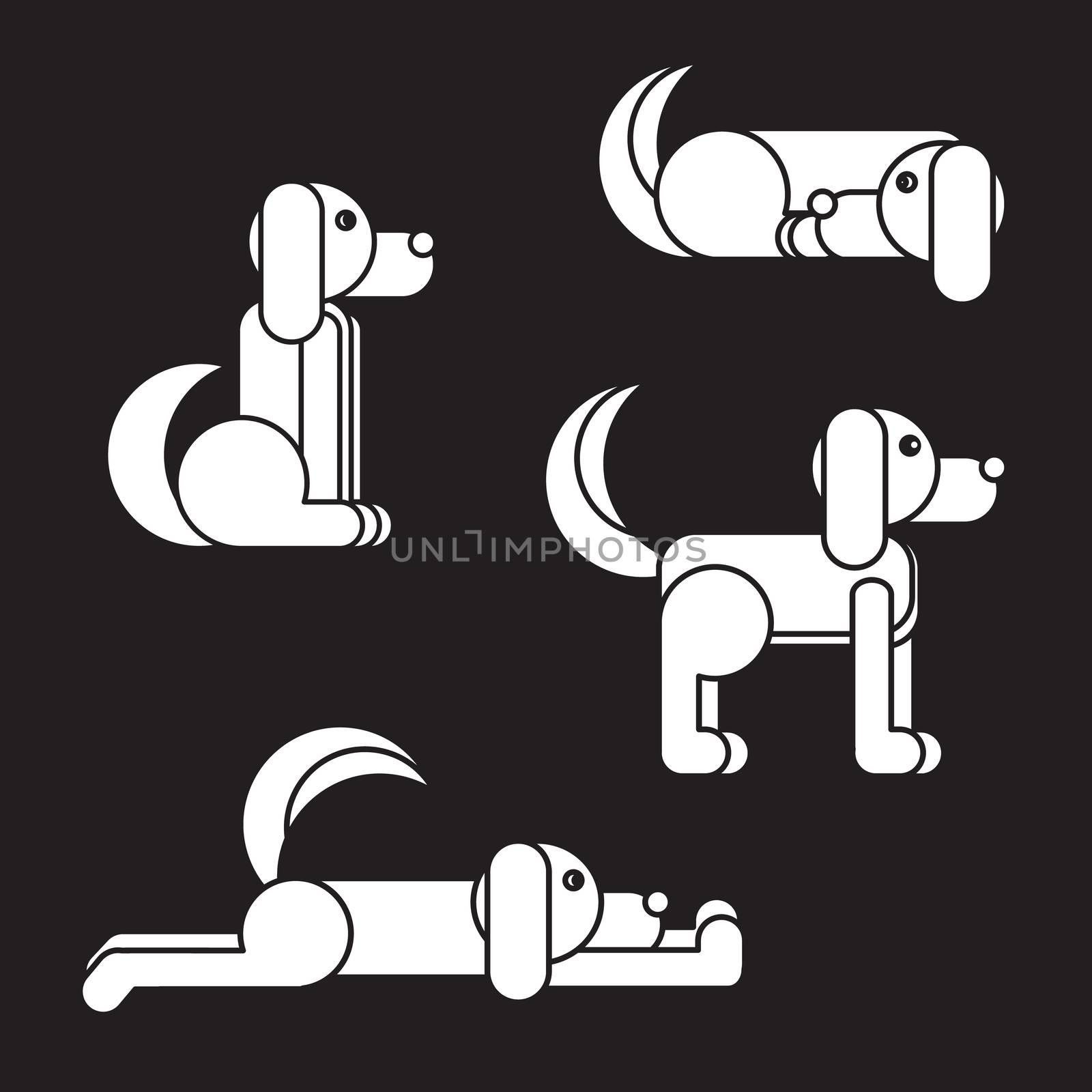 Dog in sitting, standing, sleeping and lying positions. Vet symbol. Delivery icon. Vector