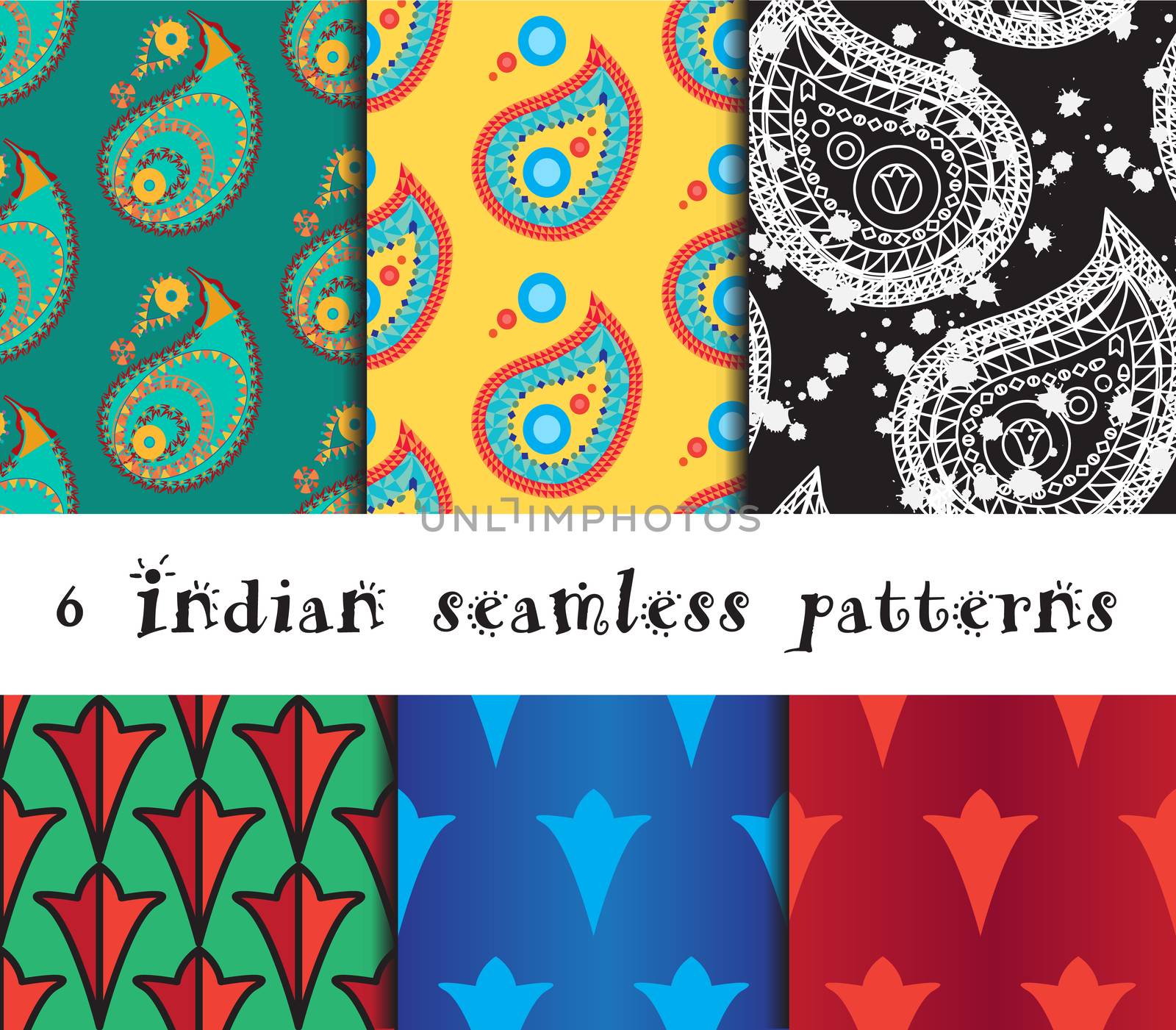 Seamless indian patterns set and asian ornaments. Vector