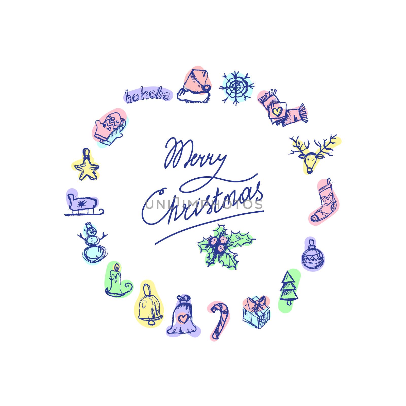Merry Christmas icons in view wreath. Happy new year symbols. Winter holiday signs. Vector