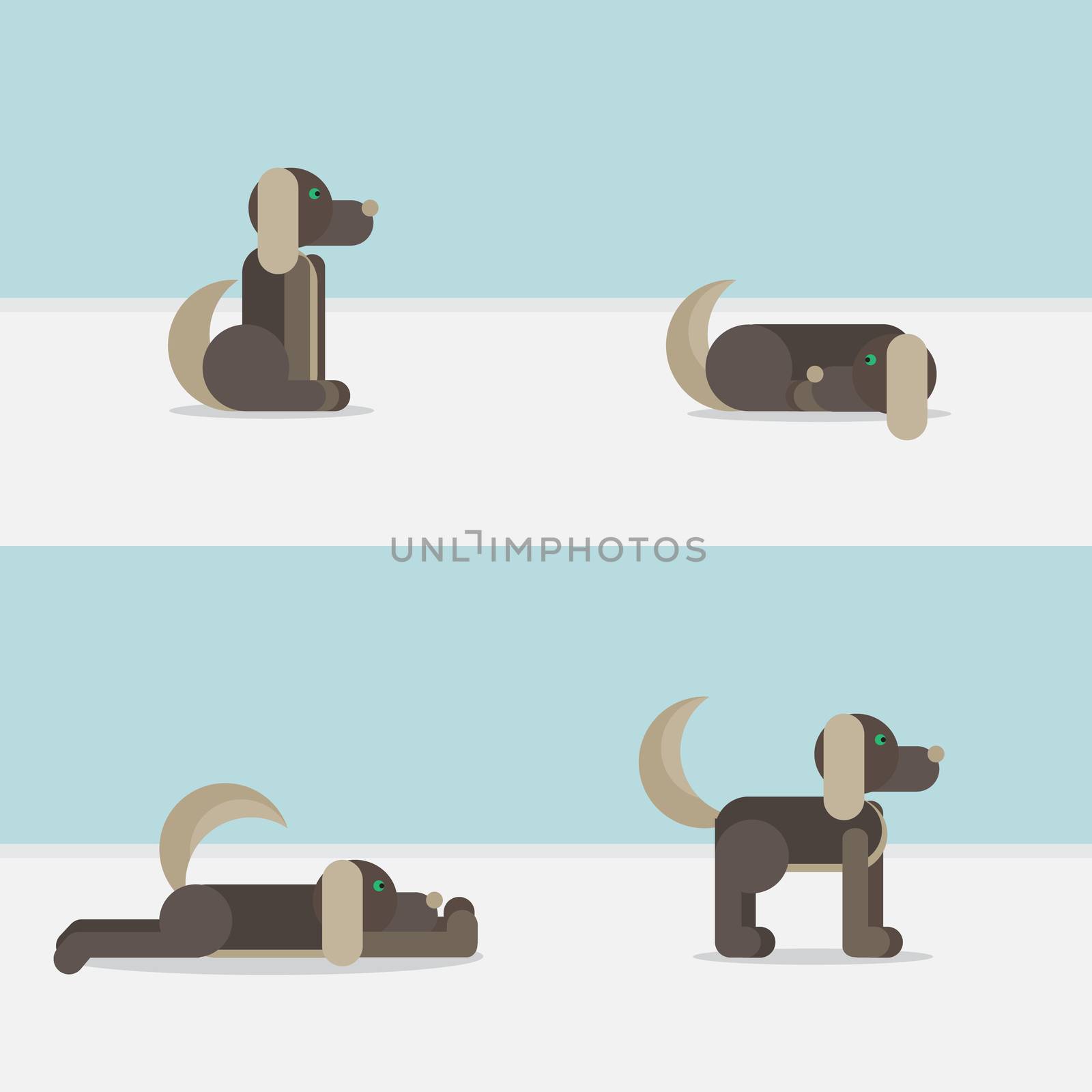 Dog in sitting, standing, sleeping and lying positions. Vet symbol. Delivery icon. Vector