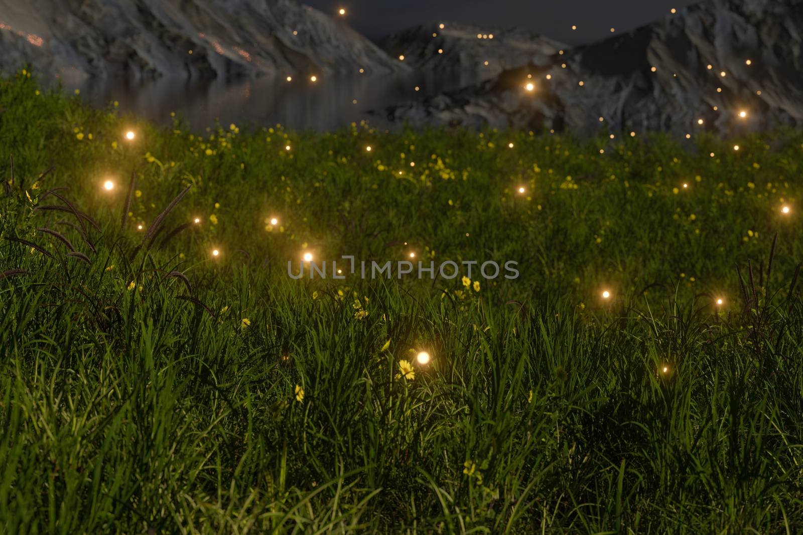 Flying glowworm over the grass field, 3d rendering. Computer digital drawing.