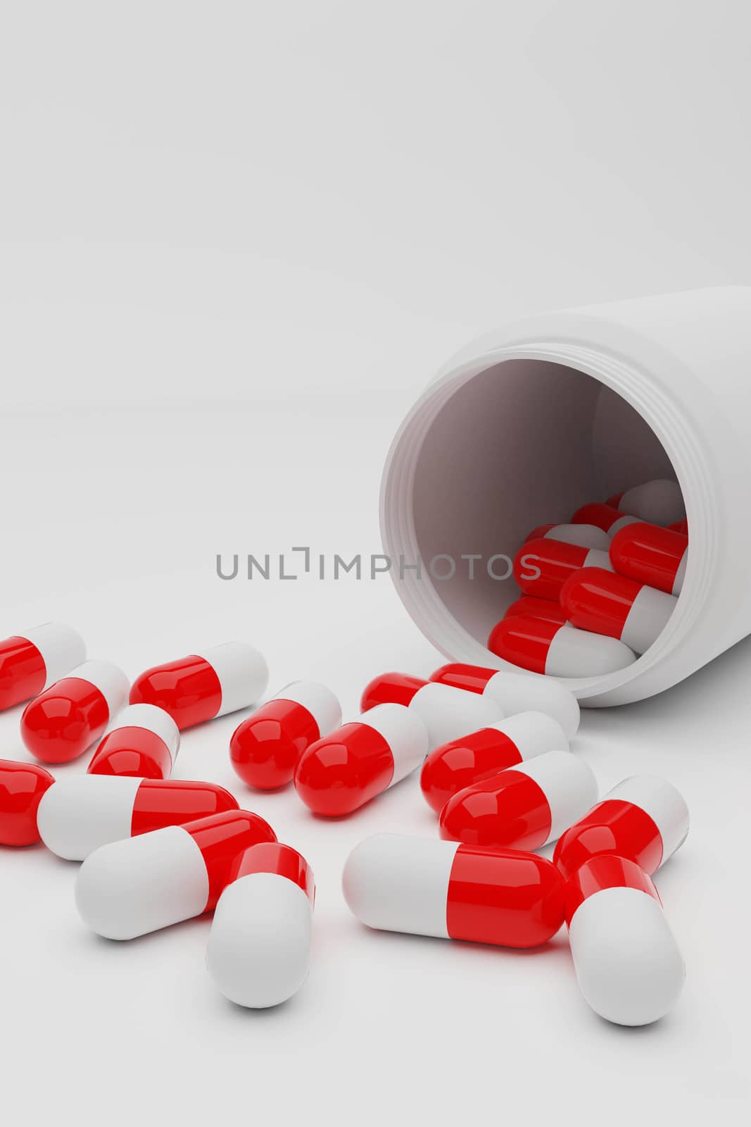 3d rendering Close up pills spilling out of pill bottle by sorawat