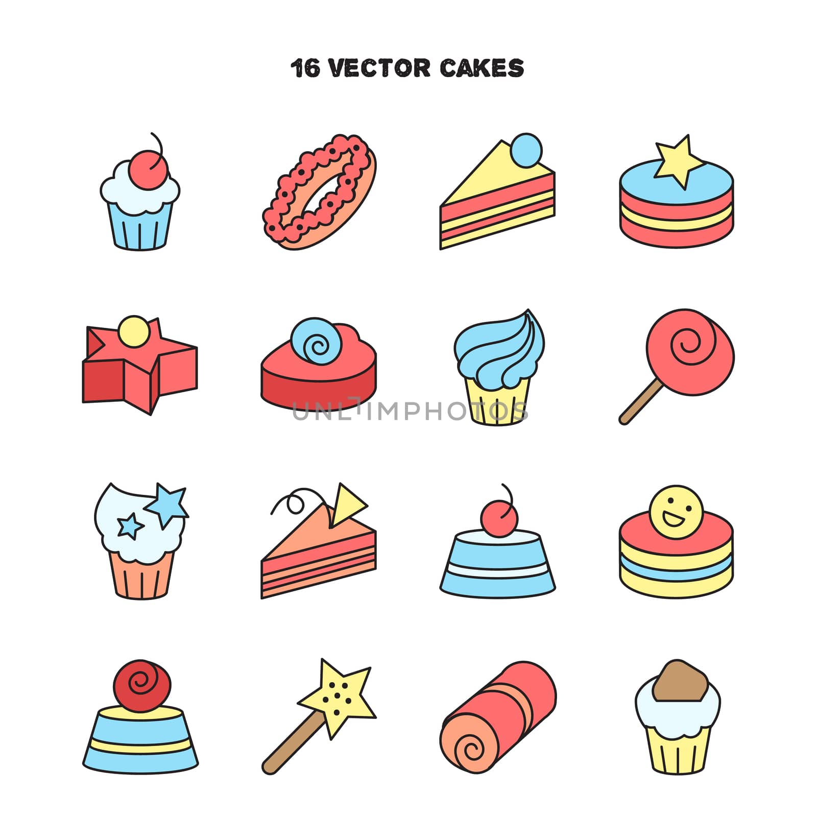 Collection of bakery and cake icons. Candy, sweet set. Vector