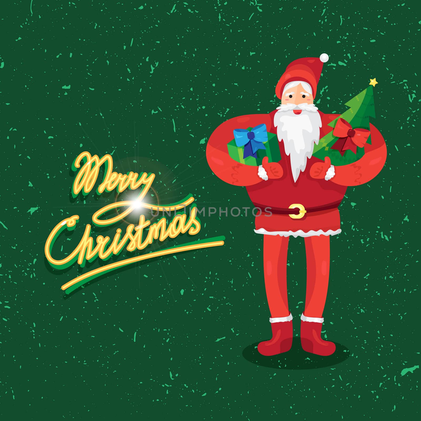 Merry Christmas greeting with Santa Claus or Father Frost with gift and fir in hands. Vector