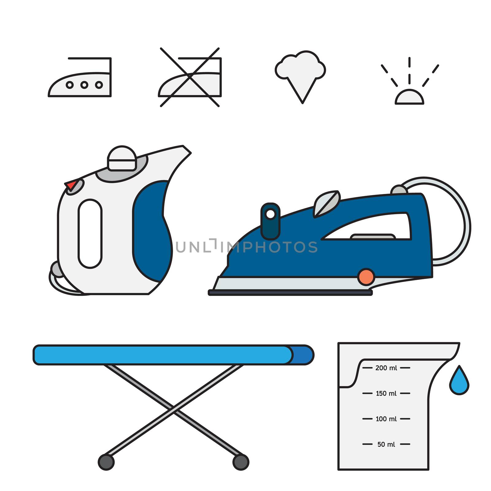 Isolated iron and hand steamer with symbols on ironing board and beaker. Modern vector illustration