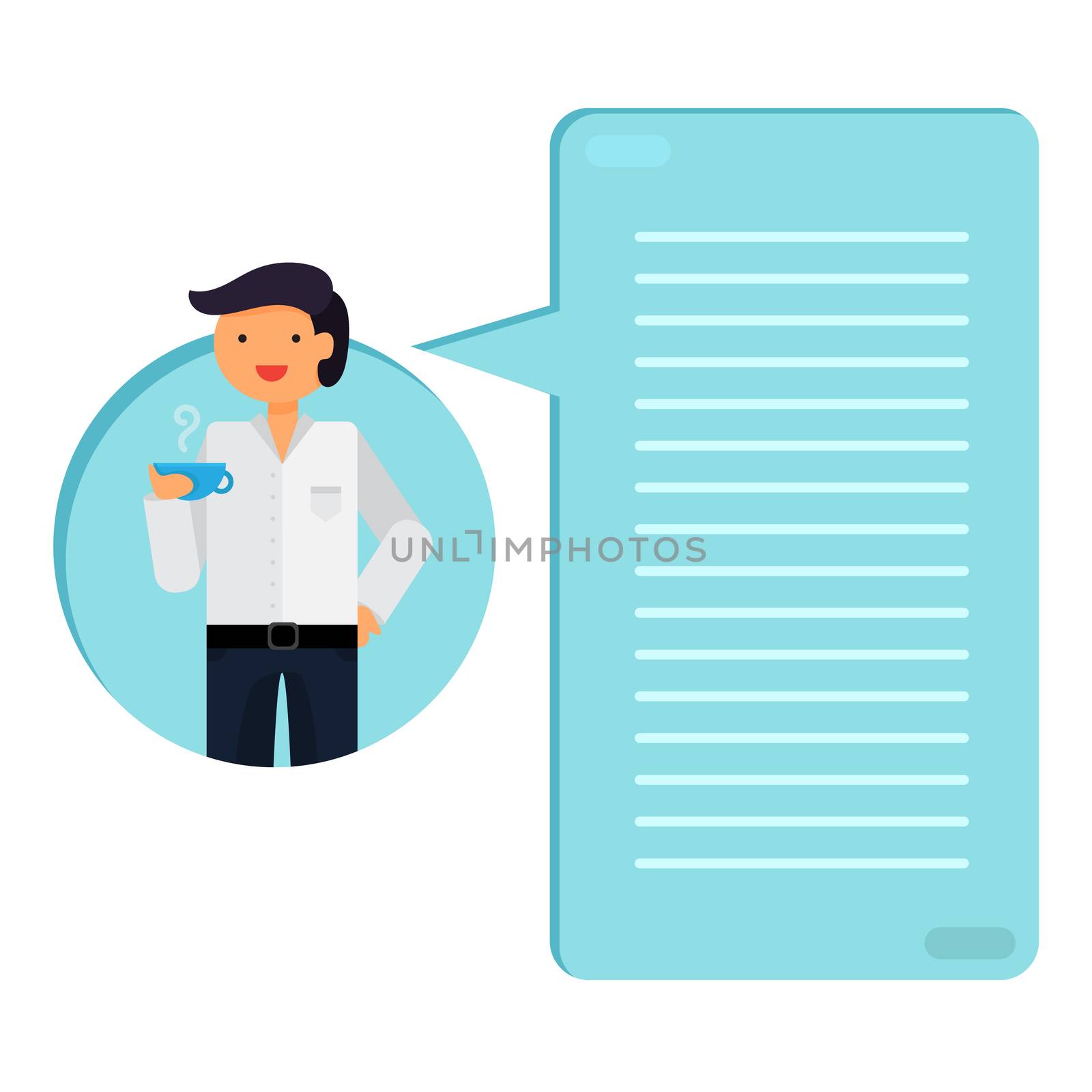 Office worker is drinking coffe or tea on break. Thinking list. Template or blank with job concept. Vector